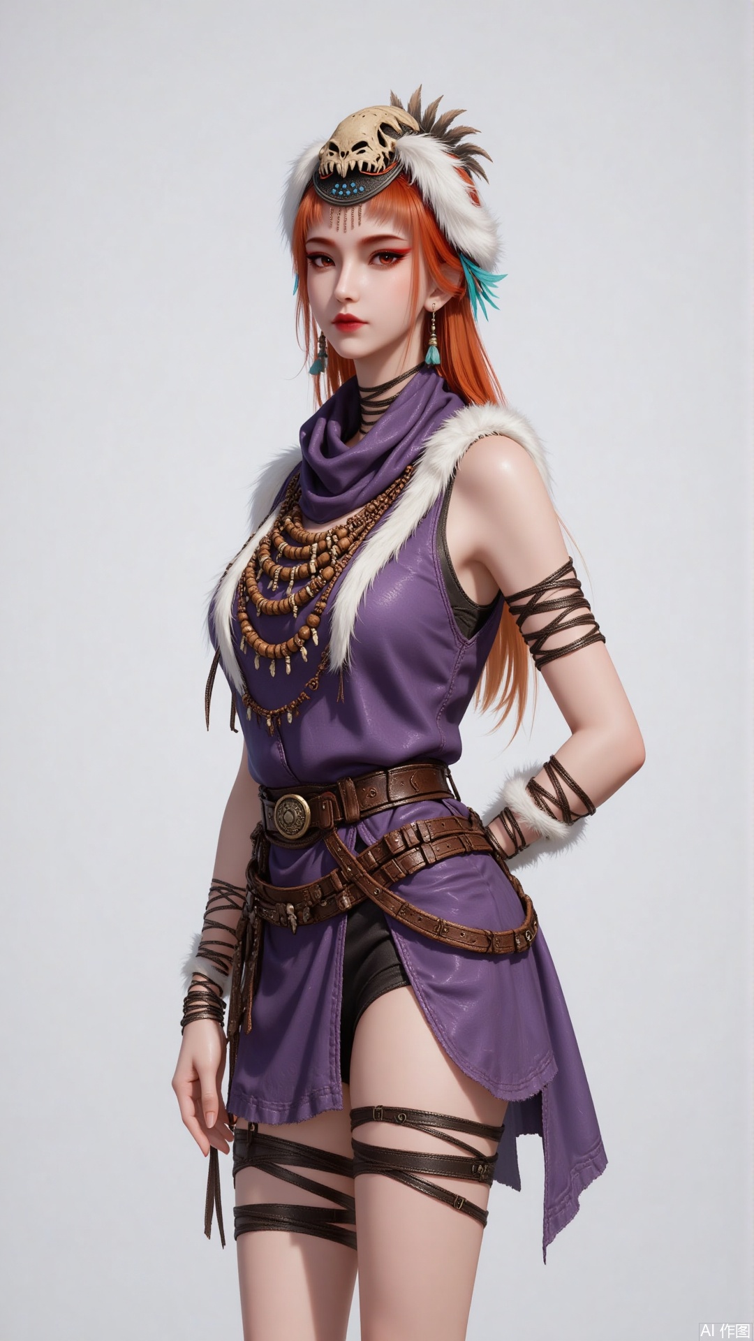 Overall
 
This is a high - quality, realistic - style image that offers a refined and artistic visual experience. The character is prominently featured with rich details.
 
Art Style
 
The art style is realistic, meticulously depicting every detail of the character, from skin texture to fabric material, with a high degree of accuracy. It also incorporates unique design elements of the fantasy genre, creating a distinctive aesthetic.
 
Composition
 
The central composition method is used, with the character positioned right in the center of the image, becoming the focal point. The simple background makes the character stand out more, without any extraneous elements distracting the viewer's attention.
 
Character Posture
 
The character is standing in an elegant and relaxed pose, exuding a sense of casual confidence and showcasing smooth and graceful body lines.
 
Shooting Angle
 
The shooting angle is at eye - level, as if the viewer is having a face - to - face conversation with the character. This allows for a clear view of the character's overall appearance and facial expressions, enhancing the intimacy and authenticity of the image.
 
Expression
 
The expression is calm and composed, with steady eyes that convey a sense of calmness and self - confidence. The lines around the mouth are soft, with no obvious fluctuations in expression, giving an impression of dignity and grandeur.
 
Hairstyle
 
The character has long, orange - red hair that falls over the shoulders, interspersed with blue - green highlights, adding a touch of fashion and uniqueness. On the head is a hat with an animal bone as the main body and white plush decorations on the edges. The hat has a unique design with a wild style.
 
Action
 
The action is relatively static. Standing, with hands gently placed on the waist. The posture shows elegance and leisure.
 
Clothing Style
 
The character is wearing a sleeveless purple short dress with a high - collar scarf at the neckline. There is white plush decoration on one side, adding layers and a sense of warmth. The dress has a high slit on one side, revealing black safety shorts and the lines of the legs, which is both stylish and bold. It is paired with a wide brown belt that accentuates the waistline. There are thigh straps, black safety shorts, knee - high shoes with fur at the openings, jewelry, and delicate hands.
 
Makeup
 
The makeup is exquisite. The eye makeup uses red tones that match the hair color, with delicate eyeliner that makes the eyes more expressive. The eyebrows are naturally and smoothly shaped. The lip color is red, coordinating with the overall look and highlighting the character's cold and glamorous temperament.
 
Decoration
 
Around the neck are multiple layers of wooden bead necklaces, with beads of varying sizes and small pendants interspersed. Leather straps are wrapped around the arms and ankles, adding a decorative touch of the primitive tribal style.
 
Image Quality
 
The image quality is extremely high. The character's hair strands, the folds of the clothing, and the details of the accessories are all clearly distinguishable. The lighting effects are well - handled, and the color transitions are natural, presenting a top - notch visual effect.