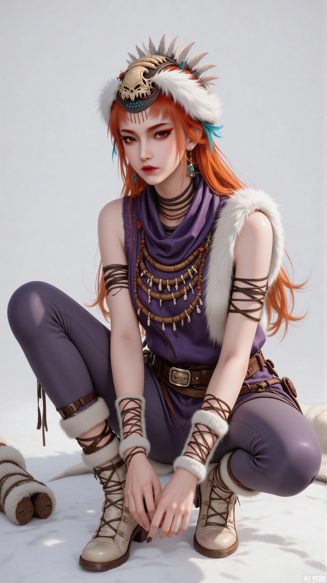 Overall
 
This is a portrait photograph that exudes a fantasy style. The character's image is vivid, with elaborate details in the clothing and accessories, making it highly visually appealing.
 
Art Style
 
The art style combines realism and fantasy. It realistically portrays the character's appearance and clothing details while infusing fantasy elements to create a unique atmosphere.
 
Composition
 
It adopts central composition, with the character positioned at the center of the image, becoming the focal point. The simple background accentuates the character, ensuring the viewer's attention is focused on them.
 
Character Posture
 
The character is in a squatting position. One knee is bent to support the body, and one arm is naturally resting on the bent knee. The posture is elegant and dynamic, showcasing a confident and composed demeanor.
 
Shooting Angle
 
The shooting angle is at eye - level, making the viewer feel as if they are in the same space as the character. This allows for a clear view of the character's facial expressions and overall look, enhancing the sense of intimacy in the image.
 
Expression
 
The expression is composed, with firm eyes and slightly pursed lips, conveying a calm and resolute emotion, and giving an impression of inner strength.
 
Hairstyle
 
The character has long, orange - red hair that cascades down. Some parts of the hair are intricately braided. A uniquely designed headdress, incorporating elements like animal bones and feathers, is worn on the head, highlighting a primitive and fantasy - inspired style.
 
Action
 
The movements are natural and smooth. The positioning of the arms and legs is coordinated. There are no overly exaggerated actions, yet the unique charm and personality are conveyed through body language.
 
Clothing Style
 
The character wears a purple top paired with a sleeveless shawl adorned with plush, adding layers and a sense of warmth. One foot is in a legging, while the other leg is bare. The overall clothing style not only hugs the body curves but also features designs with a fantasy flair.
 
Makeup
 
The makeup is exquisite. The eye makeup uses hues that match the hair color. The eyeliner is delicate, making the eyes deep and expressive. The eyebrows are neatly shaped. The lip color is a rich red, in harmony with the overall style and highlighting a cold and glamorous aura.
 
Matching
 
Multiple leather straps adorn the arms, and there are woven rope - like ornaments on the hands, echoing the overall style. The boot openings are decorated with plush, which is both practical and decorative.
 
Decoration
 
A distinctive necklace adorns the neck. The headdress with animal bones on the head is complemented by feathers and other decorations. The ornaments on the arms and hands also enhance the primitive and fantasy style. These decorative elements complement each other, enriching the overall look.
 
Image Quality
 
The image is sharp. The character's hair strands, the texture of the clothing, and the details of the accessories are all clearly distinguishable. The color reproduction is accurate, the lighting is even, and there are no noticeable noise points, resulting in a visually pleasing effect.