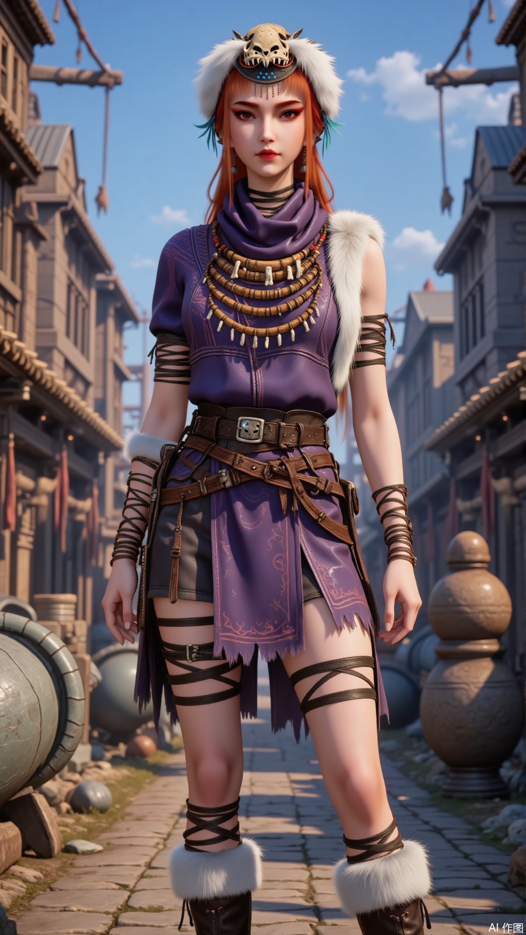 Overall
 
This is a portrait photograph presenting a fantasy style. The character's image is vivid, with elaborate details in the costume and accessories, making it highly visually appealing. The background creates an open outdoor scene, integrating the character with the environment and showcasing an atmosphere that blends fantasy and primitivity.
 
Art Style
 
The art style is realistic - fantasy. It meticulously depicts every detail of the character, such as skin texture, clothing folds, and accessory textures. Meanwhile, lighting effects are used to create a vivid three - dimensional effect. Elements like the sky and buildings in the background are rendered exquisitely and naturally, with a touch of fantasy.
 
Composition
 
The central composition method is adopted. The character is positioned at the center of the picture, becoming the focal point. Elements such as buildings and equipment in the background are distributed at the bottom and on both sides of the picture, serving to set off the character and make the character's image more prominent.
 
Character Posture
 
The character stands with legs naturally apart and a straight body, exuding confidence, composure, and fortitude, as if having full control in this environment.
 
Shooting Angle
 
The shooting angle is at eye - level, giving the viewer an intuitive feeling as if facing the character directly. It allows for a clear view of the character's full - body look and facial expressions, enhancing the sense of reality and intimacy in the picture.
 
Expression
 
The expression is calm. The eyes are firm and deep, looking ahead, revealing calmness and determination, as if pondering the way forward. The lines of the lips are simple, with no unnecessary expressions, showing a firm - willed character.
 
Hairstyle
 
The character has long, orange - red hair that falls naturally. Some strands of hair flutter in the wind. A hat decorated with animal bones and white plush is worn on the head. The unique - shaped hat adds a wild and mysterious touch of the primitive tribal style.
 
Action
 
The action range is small. The character mainly maintains a natural standing posture, with hands relaxed on both sides of the body. There are no deliberately large - scale actions, reflecting a calm and unhurried state.
 
Clothing Style
 
The character wears a purple top, paired with a dark inner layer and a shawl decorated with plush. The clothes have unique patterns. The lower body is dressed in a skirt of uneven lengths, with a high slit on one side revealing the leg, paired with legwear decorated with black straps and boots with plush edges. The overall style not only fits the body curves but also has the characteristics of the primitive tribal and fantasy styles.
 
Makeup
 
The makeup is exquisite and stylized. The eye makeup uses red tones that match the hair color, with clear eyeliner to make the eyes more expressive. The eyebrows are neatly shaped, highlighting heroism. The lip color is bright red, matching the overall look and enhancing the cold and resolute temperament.
 
Matching
 
The arms are decorated with multiple layers of leather straps. A wide belt is tied around the waist, with some functional accessories. The straps on the legs echo the boots. The overall matching is coordinated, highlighting the primitive tribal style and practicality.
 
Decoration
 
The character wears multiple layers of wooden bead necklaces around the neck, with beads of different sizes and small pendants interspersed. The animal - bone headdress on the head is a main decorative highlight. These decorative elements jointly strengthen the primitive tribal style.
 
Image Quality
 
The image quality is extremely high. The character's hair strands, clothing folds, accessory details, as well as the building textures in the background and the color transition of the sky are all clearly distinguishable. The lighting effects are handled exquisitely, and the color reproduction is high, presenting top - notch visual quality.