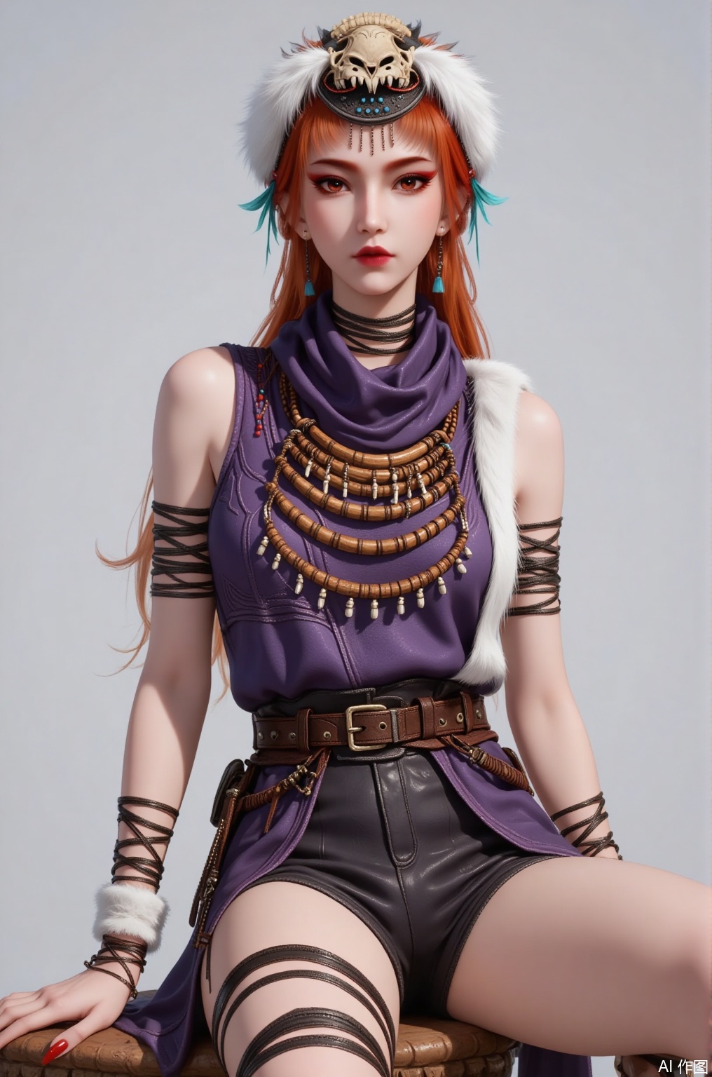 Overall
 
This is a high - definition, realistic - style image that offers a refined and artistic visual experience. The character stands out prominently with rich details.
 
Art Style
 
The art style leans towards realism, meticulously depicting every detail of the character, from the texture of the skin to the fabric of the clothing, with a high degree of accuracy. It also incorporates unique design elements of the fantasy genre, creating a distinctive aesthetic.
 
Composition
 
The central composition method is adopted, with the character positioned right in the center of the picture, becoming the focal point of vision. The simple background makes the character even more prominent, free from any distracting elements.
 
Character Posture
 
The character is seated on a high - stools, with an elegant and relaxed posture, exuding a sense of casual confidence and showing smooth and beautiful body lines.
 
Shooting Angle
 
The shooting angle is at eye - level, as if the viewer is having a face - to - face conversation with the character. This allows for a clear view of the character's overall appearance and facial expressions, enhancing the intimacy and authenticity of the image.
 
Expression
 
The expression is calm and composed, with steady eyes that convey a sense of calmness and self - confidence. The lines around the mouth are soft, with no obvious fluctuations in expression, giving an impression of dignity and grandeur.
 
Hairstyle
 
The character has long, orange - red hair that falls over the shoulders, interspersed with blue - green highlights, adding a touch of fashion and uniqueness. On the head is a hat with an animal bone as the main body and white plush decorations on the edges. The hat has a unique design with a wild style.
 
Action
 
The action is relatively static, mainly the natural placement in a sitting posture, with the hands gently resting on the legs, showing elegance and leisure.
 
Clothing Style
 
The character is wearing a sleeveless purple dress with a high - collar scarf at the neckline. There is white plush decoration on one side, adding layers and a sense of warmth. The dress has a high slit on one side, revealing black shorts and the lines of the legs, which is both stylish and bold. It is paired with a wide brown belt that accentuates the waistline. There are thigh straps, black shorts, knee - high shoes, and jewelry. The nails are painted red.
 
Makeup
 
The makeup is exquisite. The eye makeup uses red tones that match the hair color, with delicate eyeliner that makes the eyes more expressive. The eyebrows are naturally and smoothly shaped. The lip color is red, coordinating with the overall look and highlighting the character's cold and glamorous temperament.
 
Decoration
 
Around the neck are multiple layers of wooden bead necklaces, with beads of varying sizes and small pendants interspersed. Leather straps are wrapped around the arms and ankles, adding a decorative touch of the primitive tribal style.
 
Image Quality
 
The image quality is extremely high. The character's hair strands, the folds of the clothing, and the details of the accessories are all clearly distinguishable. The lighting effects are well - handled, and the color transitions are natural, presenting a top - notch visual effect.