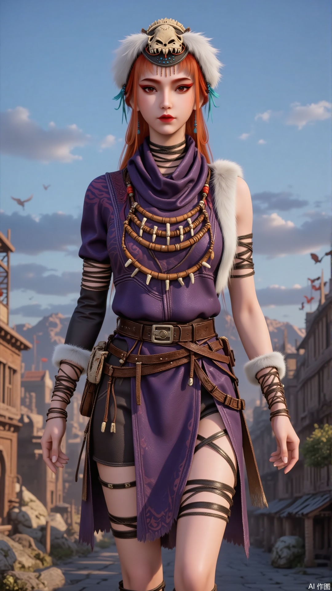 Overall
 
This is a portrait photograph presenting a fantasy style. The character's image is vivid, with elaborate details in the costume and accessories, making it highly visually appealing. The background creates an open outdoor scene, integrating the character with the environment and showcasing an atmosphere that blends fantasy and primitivity.
 
Art Style
 
The art style is realistic - fantasy. It meticulously depicts every detail of the character, such as skin texture, clothing folds, and accessory textures. Meanwhile, lighting effects are used to create a vivid three - dimensional effect. Elements like the sky and buildings in the background are rendered exquisitely and naturally, with a touch of fantasy.
 
Composition
 
The central composition method is adopted. The character is positioned at the center of the picture, becoming the focal point. Elements such as buildings and equipment in the background are distributed at the bottom and on both sides of the picture, serving to set off the character and make the character's image more prominent.
 
Character Posture
 
The character stands with legs naturally apart and a straight body, exuding confidence, composure, and fortitude, as if having full control in this environment.
 
Shooting Angle
 
The shooting angle is at eye - level, giving the viewer an intuitive feeling as if facing the character directly. It allows for a clear view of the character's full - body look and facial expressions, enhancing the sense of reality and intimacy in the picture.
 
Expression
 
The expression is calm. The eyes are firm and deep, looking ahead, revealing calmness and determination, as if pondering the way forward. The lines of the lips are simple, with no unnecessary expressions, showing a firm - willed character.
 
Hairstyle
 
The character has long, orange - red hair that falls naturally. Some strands of hair flutter in the wind. A hat decorated with animal bones and white plush is worn on the head. The unique - shaped hat adds a wild and mysterious touch of the primitive tribal style.
 
Action
 
The action range is small. The character mainly maintains a natural standing posture, with hands relaxed on both sides of the body. There are no deliberately large - scale actions, reflecting a calm and unhurried state.
 
Clothing Style
 
The character wears a purple top, paired with a dark inner layer and a shawl decorated with plush. The clothes have unique patterns. The lower body is dressed in a skirt of uneven lengths, with a high slit on one side revealing the leg, paired with legwear decorated with black straps and boots with plush edges. The overall style not only fits the body curves but also has the characteristics of the primitive tribal and fantasy styles.
 
Makeup
 
The makeup is exquisite and stylized. The eye makeup uses red tones that match the hair color, with clear eyeliner to make the eyes more expressive. The eyebrows are neatly shaped, highlighting heroism. The lip color is bright red, matching the overall look and enhancing the cold and resolute temperament.
 
Matching
 
The arms are decorated with multiple layers of leather straps. A wide belt is tied around the waist, with some functional accessories. The straps on the legs echo the boots. The overall matching is coordinated, highlighting the primitive tribal style and practicality.
 
Decoration
 
The character wears multiple layers of wooden bead necklaces around the neck, with beads of different sizes and small pendants interspersed. The animal - bone headdress on the head is a main decorative highlight. These decorative elements jointly strengthen the primitive tribal style.
 
Image Quality
 
The image quality is extremely high. The character's hair strands, clothing folds, accessory details, as well as the building textures in the background and the color transition of the sky are all clearly distinguishable. The lighting effects are handled exquisitely, and the color reproduction is high, presenting top - notch visual quality.