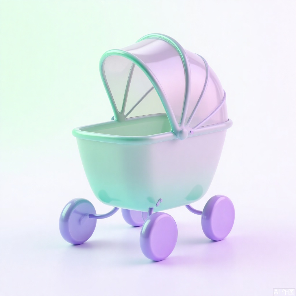 Stroller, 3D version, glass material, light purple green gradient background, transparent background one