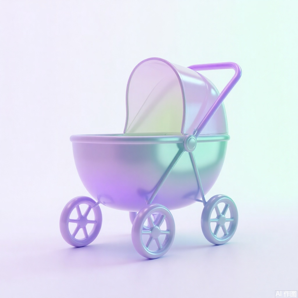 Stroller, 3D version, glass material, light purple green gradient background, transparent background one