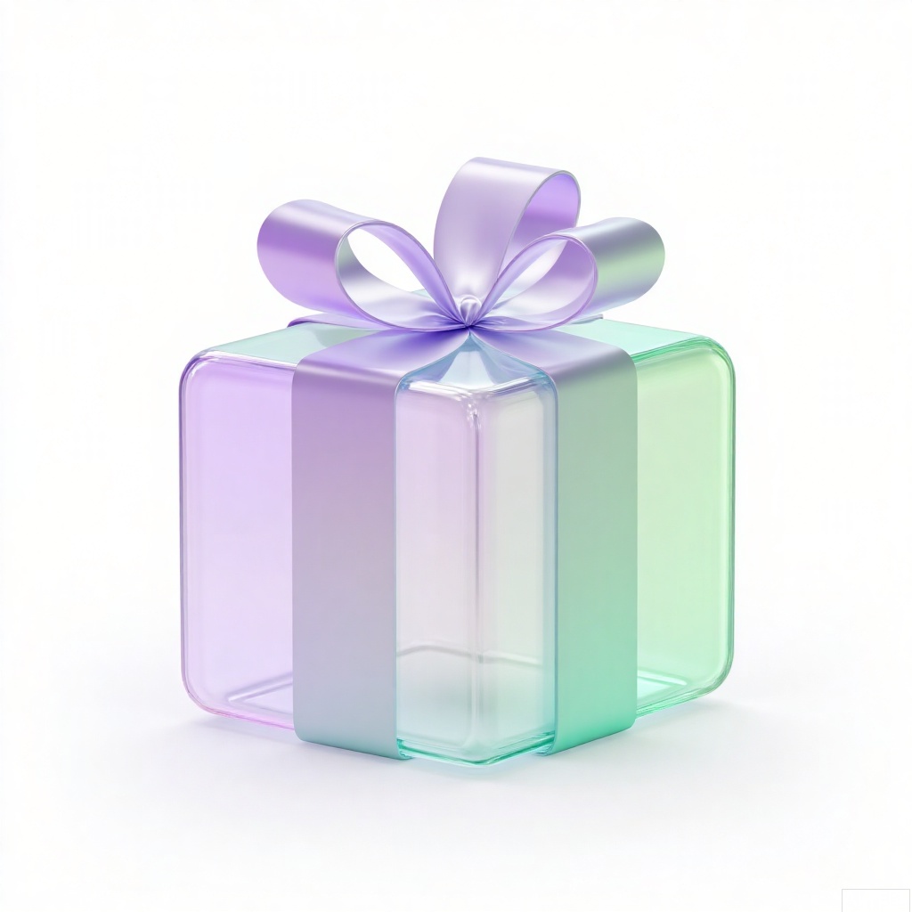 Gift icon, 3D version, glass material, light purple green gradient background, transparent background