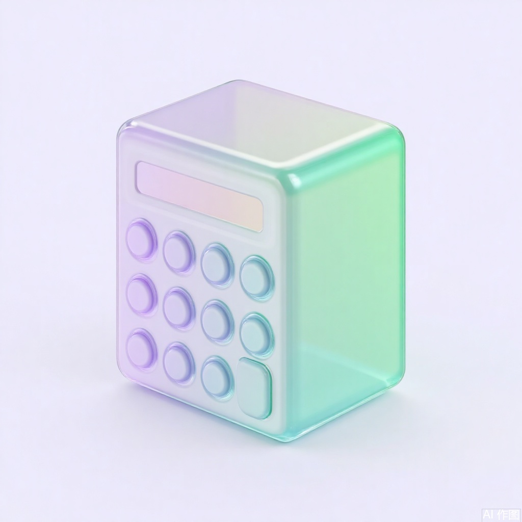 Square calculator, 3D version, glass material, light purple green gradient background, transparent background