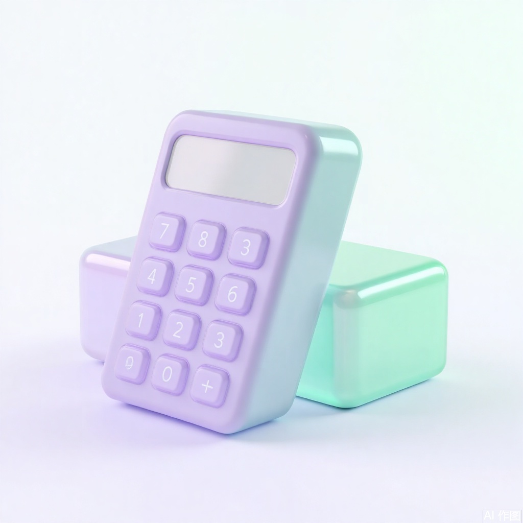 Square calculator, 3D version, glass material, light purple green gradient background, transparent background