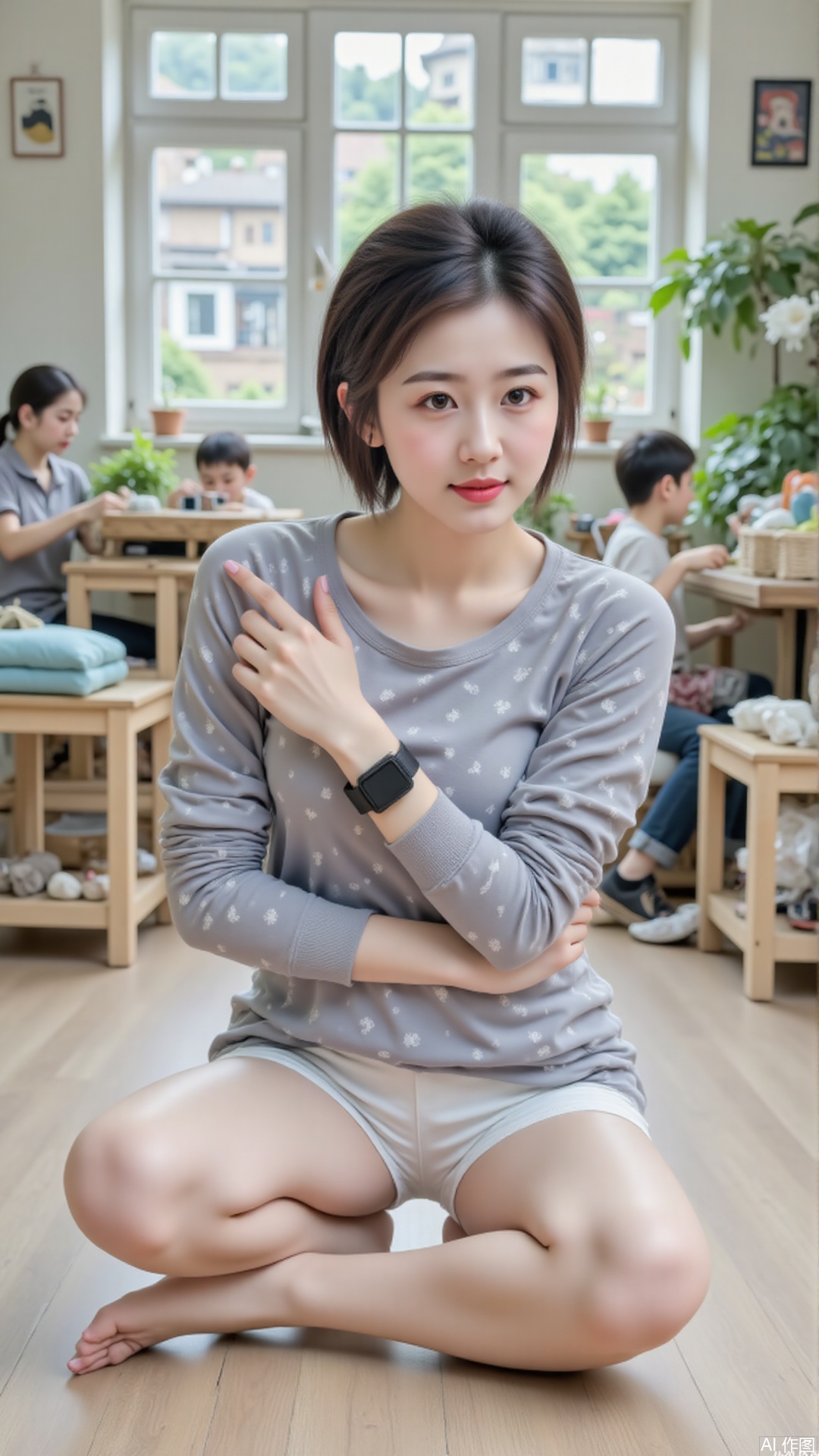 Masterpiece, high quality, high quality, rich details, bright colors, beautiful and charming, 32k, clear focus, young woman with short black hair, wearing a light gray off-shoulder long-sleeved top, white clothes inside. Kneeling on the wooden floor, playing pose. The background is an indoor environment with windows and blurred furniture, bright light. Realistic style, close-up, simple and warm tones.
