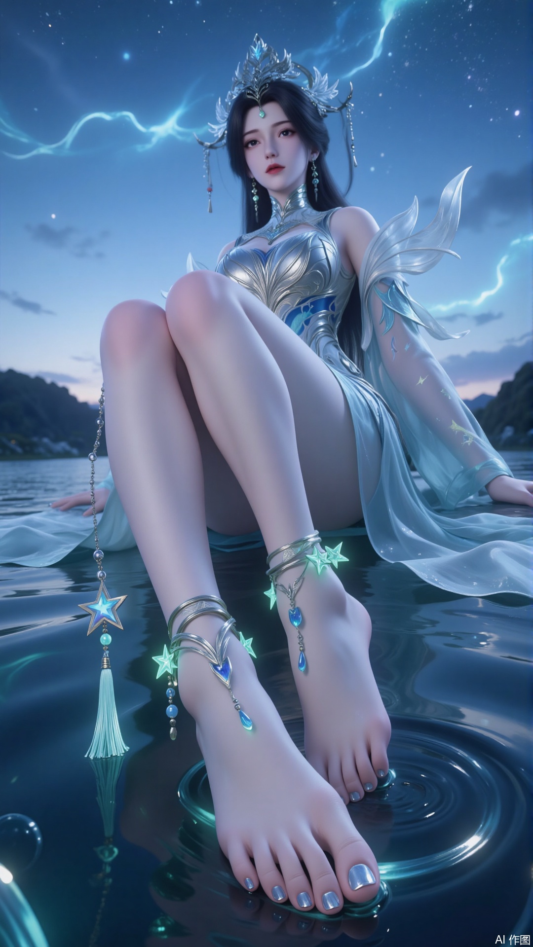a serene and ethereal scene featuring a woman sitting by a body of water at dusk or dawn. She is dressed in a flowing, sheer garment adorned with star patterns, which complements the celestial theme of the image. Her long, dark hair is adorned with star-shaped accessories, enhancing the night sky motif. The woman's feet are prominently displayed, adorned with intricate star-shaped anklets and a dangling tassel, adding to the fantasy-like atmosphere. The water reflects the soft, glowing stars in the sky, creating a tranquil and dreamlike setting. The overall color palette is dominated by shades of blue and silver, contributing to the mystical and otherworldly feel of the scene.