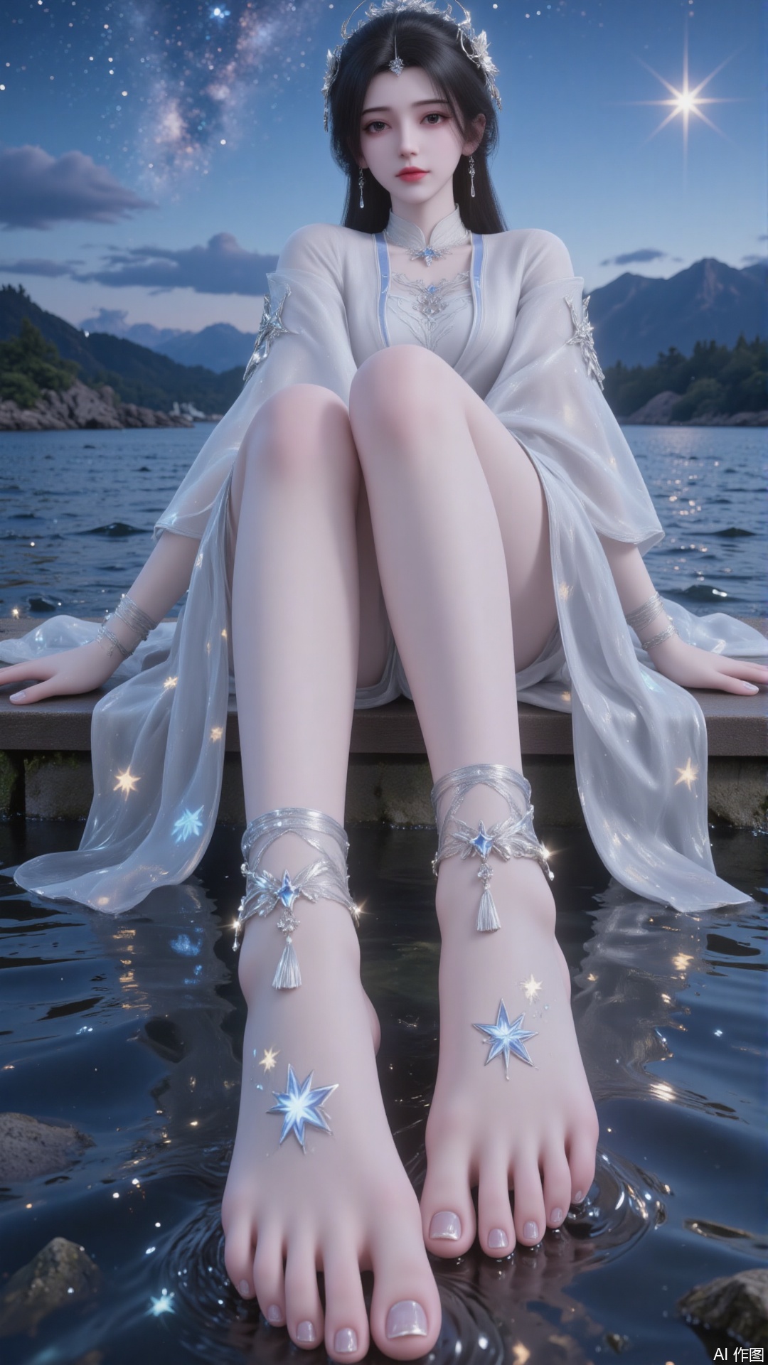 a serene and ethereal scene featuring a woman sitting by a body of water at dusk or dawn. She is dressed in a flowing, sheer garment adorned with star patterns, which complements the celestial theme of the image. Her long, dark hair is adorned with star-shaped accessories, enhancing the night sky motif. The woman's feet are prominently displayed, adorned with intricate star-shaped anklets and a dangling tassel, adding to the fantasy-like atmosphere. The water reflects the soft, glowing stars in the sky, creating a tranquil and dreamlike setting. The overall color palette is dominated by shades of blue and silver, contributing to the mystical and otherworldly feel of the scene.