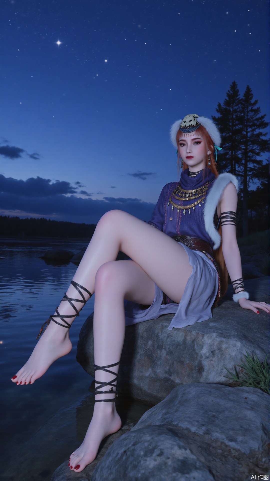a serene and ethereal scene featuring a woman sitting by a body of water at dusk or dawn. She is dressed in a flowing, sheer garment adorned with star patterns, which complements the celestial theme of the image. Her long, dark hair is adorned with star-shaped accessories, enhancing the night sky motif. The woman's feet are prominently displayed, adorned with intricate star-shaped anklets and a dangling tassel, adding to the fantasy-like atmosphere. The water reflects the soft, glowing stars in the sky, creating a tranquil and dreamlike setting. The overall color palette is dominated by shades of blue and silver, contributing to the mystical and otherworldly feel of the scene.
