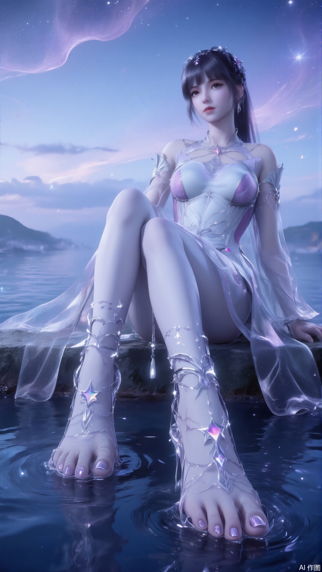 a serene and ethereal scene featuring a woman sitting by a body of water at dusk or dawn. She is dressed in a flowing, sheer garment adorned with star patterns, which complements the celestial theme of the image. Her long, dark hair is adorned with star-shaped accessories, enhancing the night sky motif. The woman's feet are prominently displayed, adorned with intricate star-shaped anklets and a dangling tassel, adding to the fantasy-like atmosphere. The water reflects the soft, glowing stars in the sky, creating a tranquil and dreamlike setting. The overall color palette is dominated by shades of blue and silver, contributing to the mystical and otherworldly feel of the scene.