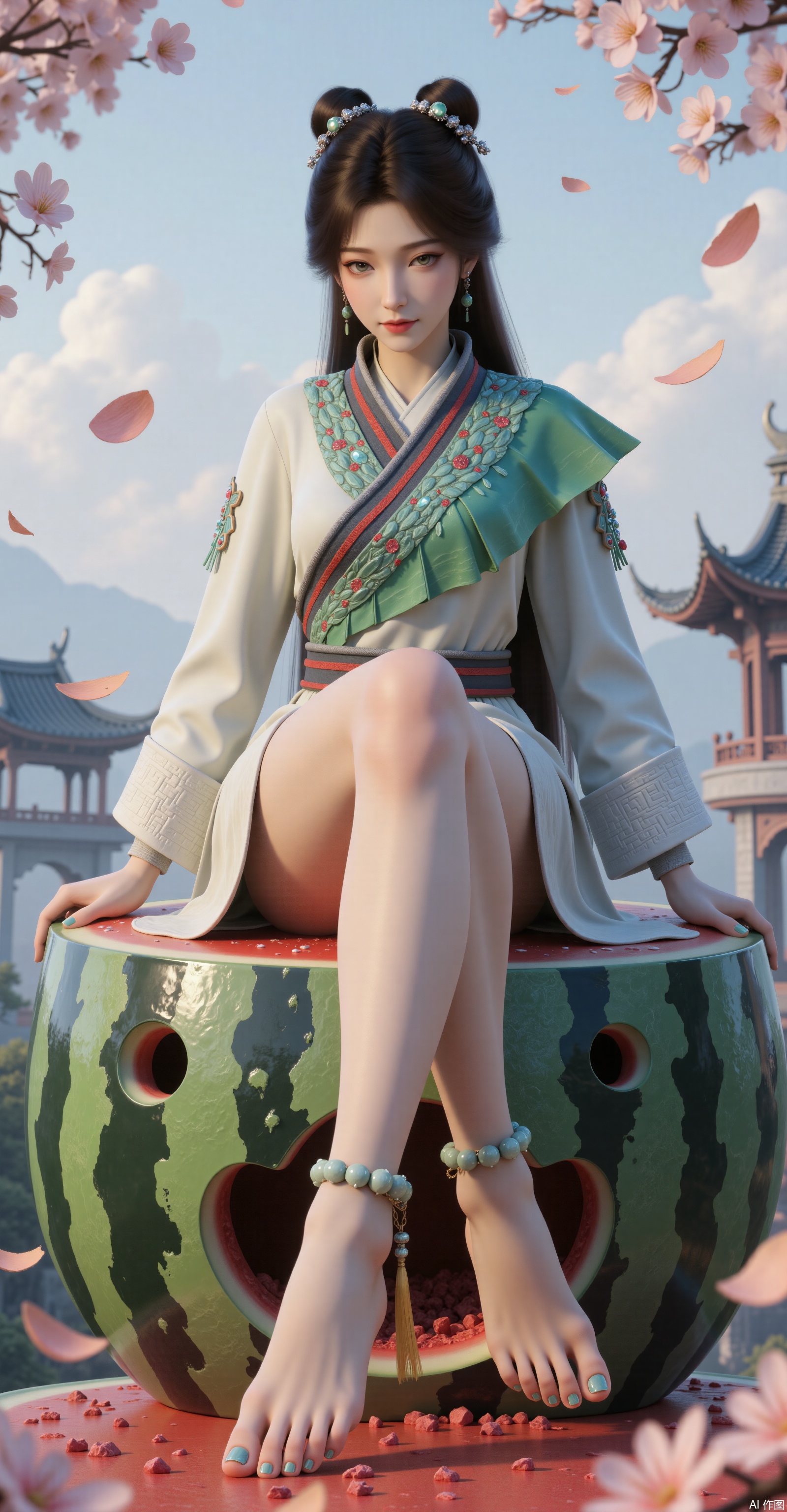 ​8K UHD Watermelon Throne Portrait | Ancient Chinese Fantasy | Central Composition​
A delicate-faced woman with ​phoenix eyes​ and ​willow-leaf eyebrows​ sits atop a ​gigantic carved watermelon, her right foot lifted to display a ​jade-inlaid anklet, surrounded by ethereal mist in Penglai Wonderland.
​Key Modifications​


​Watermelon Throne​

Sculpted from ​emerald-green glass resin​ with realistic rind texture
​Cross-shaped opening​ revealing ruby-red interior
​Dewdrops​ glistening on carved surface



​Elevated Foot Pose​

​Left leg extended​ along watermelon curve
​**Right knee bent at 45°**​ showcasing:

​Anklet: White jade beads with golden tassels
​Toenails: Watermelon-inspired manicure





​Integration Enhancements​

​Crushed petals​ adhering to watermelon surface
​Background​ with:

Floating peach blossoms
Distant pavilions in mist





​Technical Specs​

​Sampler: Euler
​Material Physics:

Watermelon: ​Subsurface scattering simulation​
Hanfu embroidery: ​PBR material mapping​


​Lens: Sony FE 135mm f/1.8 GM