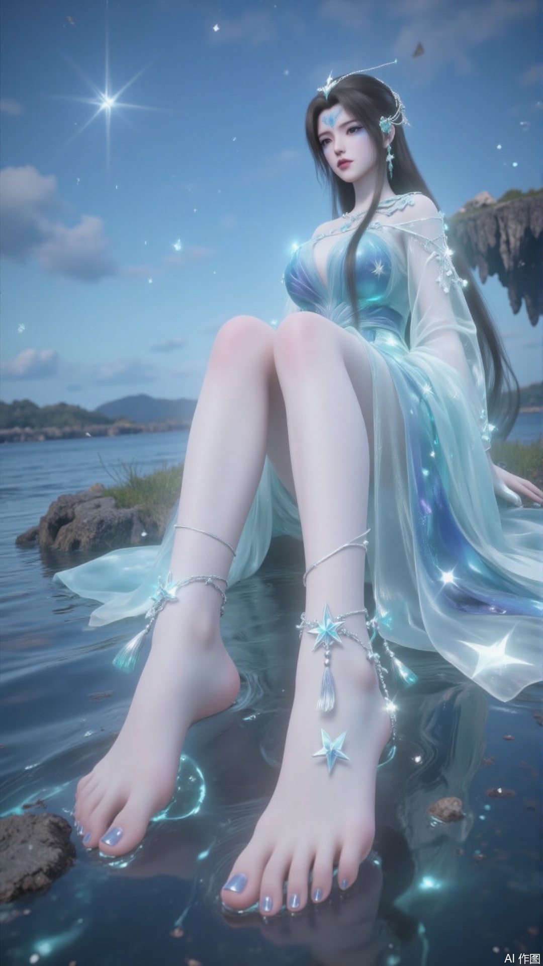 a serene and ethereal scene featuring a woman sitting by a body of water at dusk or dawn. She is dressed in a flowing,  sh...