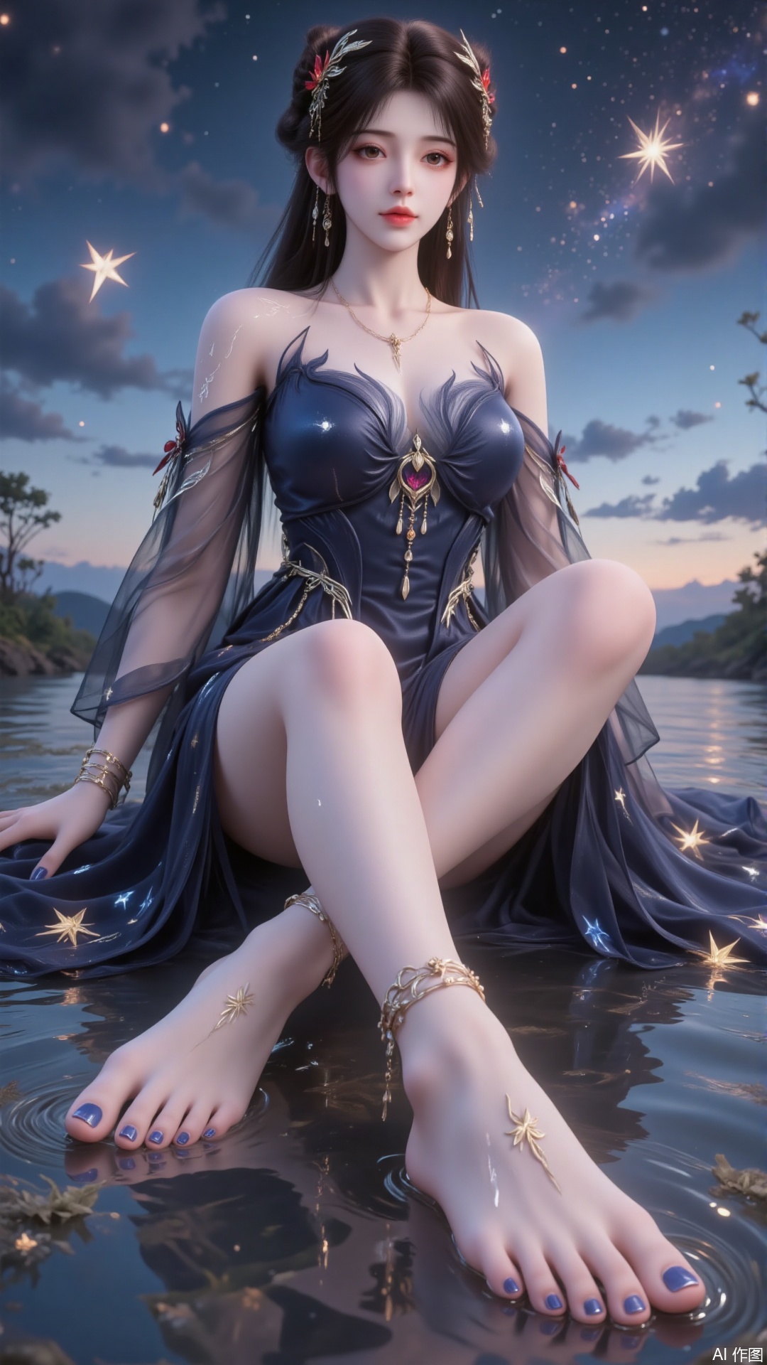 a serene and ethereal scene featuring a woman sitting in a reflective water body. She is dressed in a flowing, dark blue gown adorned with star motifs, and her hair is styled elegantly. Her feet are bare, adorned with delicate anklets and bracelets, and her nails are painted a glossy blue. The background is a twilight sky filled with stars, creating a magical and tranquil atmosphere. The overall aesthetic is dreamy and otherworldly, with a focus on the interplay of light and water.