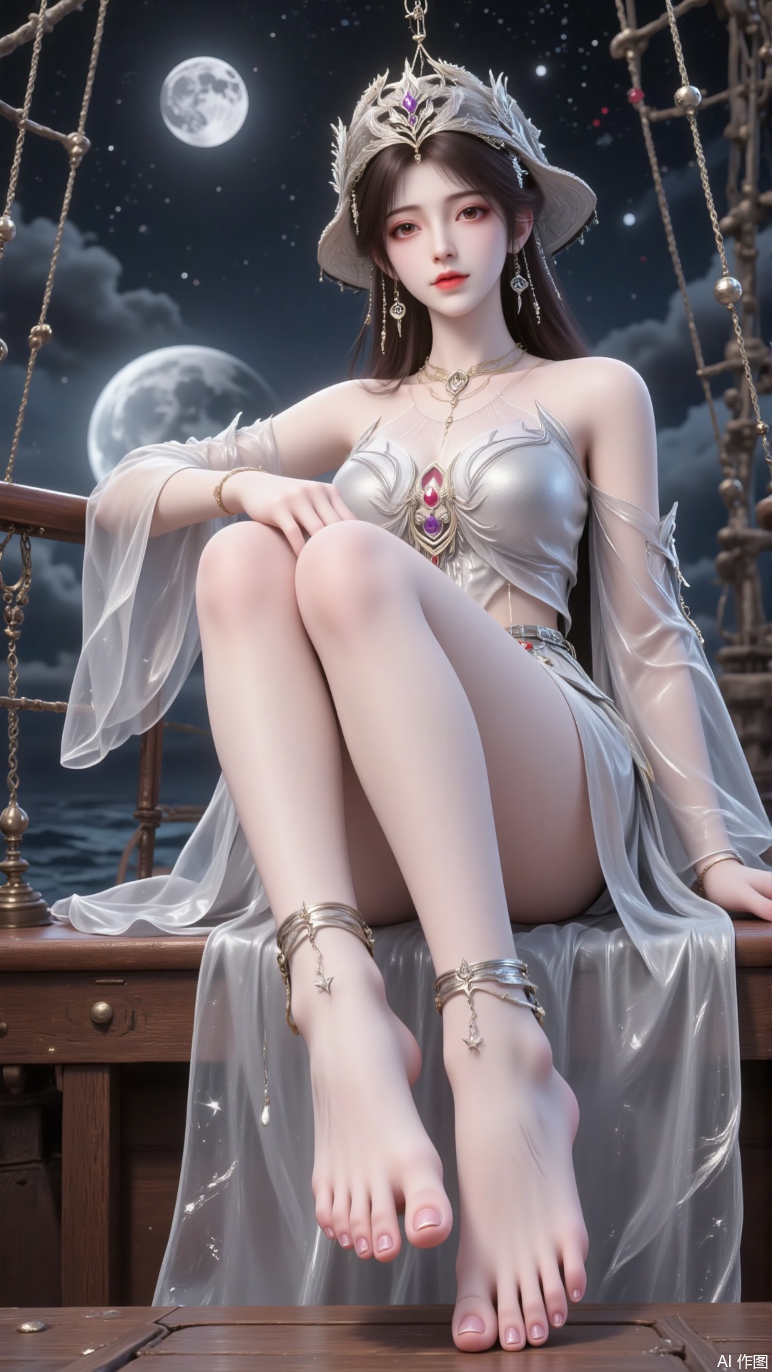 a fantasy-themed artwork featuring a woman sitting on a ship. She is dressed in a silver, futuristic outfit with intricate designs and a hat. Her feet are adorned with silver anklets and a star-shaped pendant. The background shows a night sky filled with stars and a large moon, creating a celestial atmosphere. The woman's pose is relaxed, with one foot raised and the other resting on the ship's railing. The overall scene has a dreamy, ethereal quality, blending elements of fantasy and sci-fi.