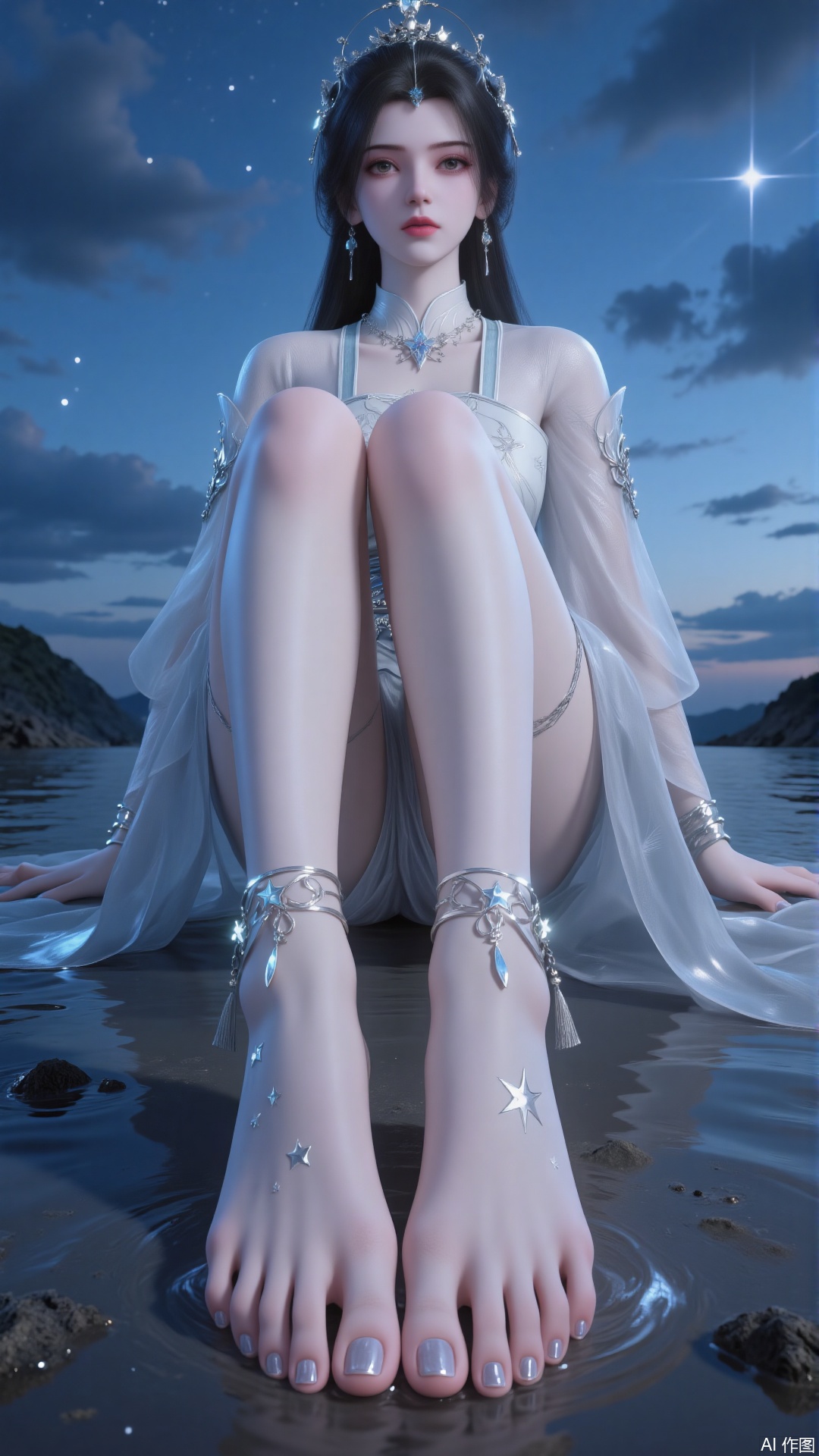 a serene and ethereal scene featuring a woman sitting by a body of water at dusk or dawn. She is dressed in a flowing, sheer garment adorned with star patterns, which complements the celestial theme of the image. Her long, dark hair is adorned with star-shaped accessories, enhancing the night sky motif. The woman's feet are prominently displayed, adorned with intricate star-shaped anklets and a dangling tassel, adding to the fantasy-like atmosphere. The water reflects the soft, glowing stars in the sky, creating a tranquil and dreamlike setting. The overall color palette is dominated by shades of blue and silver, contributing to the mystical and otherworldly feel of the scene.