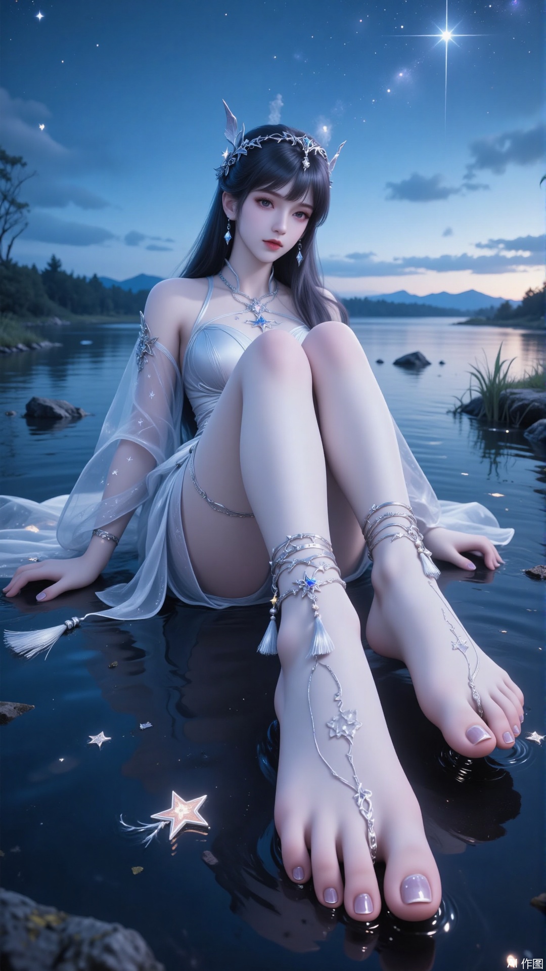 a serene and ethereal scene featuring a woman sitting by a body of water at dusk or dawn. She is dressed in a flowing, sheer garment adorned with star patterns, which complements the celestial theme of the image. Her long, dark hair is adorned with star-shaped accessories, enhancing the night sky motif. The woman's feet are prominently displayed, adorned with intricate star-shaped anklets and a dangling tassel, adding to the fantasy-like atmosphere. The water reflects the soft, glowing stars in the sky, creating a tranquil and dreamlike setting. The overall color palette is dominated by shades of blue and silver, contributing to the mystical and otherworldly feel of the scene.