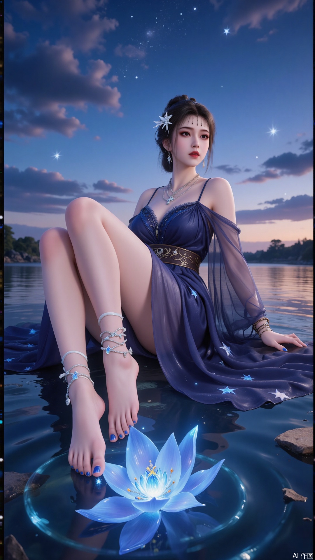 a serene and ethereal scene featuring a woman sitting in a reflective water body. She is dressed in a flowing, dark blue gown adorned with star motifs, and her hair is styled elegantly. Her feet are bare, adorned with delicate anklets and bracelets, and her nails are painted a glossy blue. The background is a twilight sky filled with stars, creating a magical and tranquil atmosphere. The overall aesthetic is dreamy and otherworldly, with a focus on the interplay of light and water.