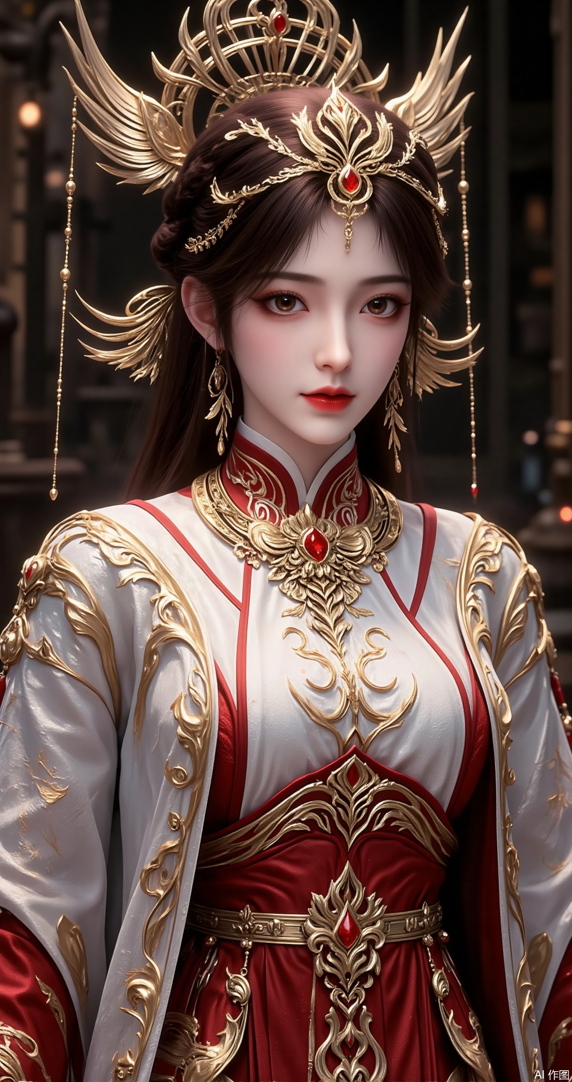 a highly detailed and ornate character wearing traditional East Asian attire
The character is adorned with intricate gold and red designs on their clothing, which includes a high collar and elaborate patterns
The character also wears a majestic headdress with gold and red elements, including what appears to be a central red gem and flowing, feather-like extensions
The overall aesthetic is regal and ceremonial, suggesting a character of high status or importance.