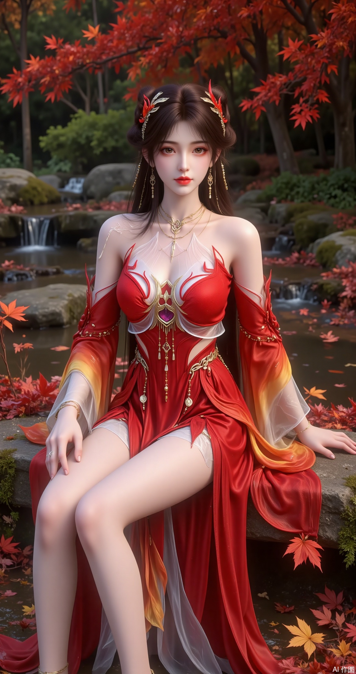 a beautifully rendered anime-style character sitting by a serene stream surrounded by autumn foliage
The character is dressed in an elegant red outfit with intricate designs and a flowing skirt that resembles flames
She is adorned with a necklace and bracelets, and her hair is styled with two small, red horns
The setting is lush and vibrant, with red and orange leaves scattered around, and a small waterfall in the background
The overall atmosphere is tranquil and mystical, evoking a sense of fantasy and nature.