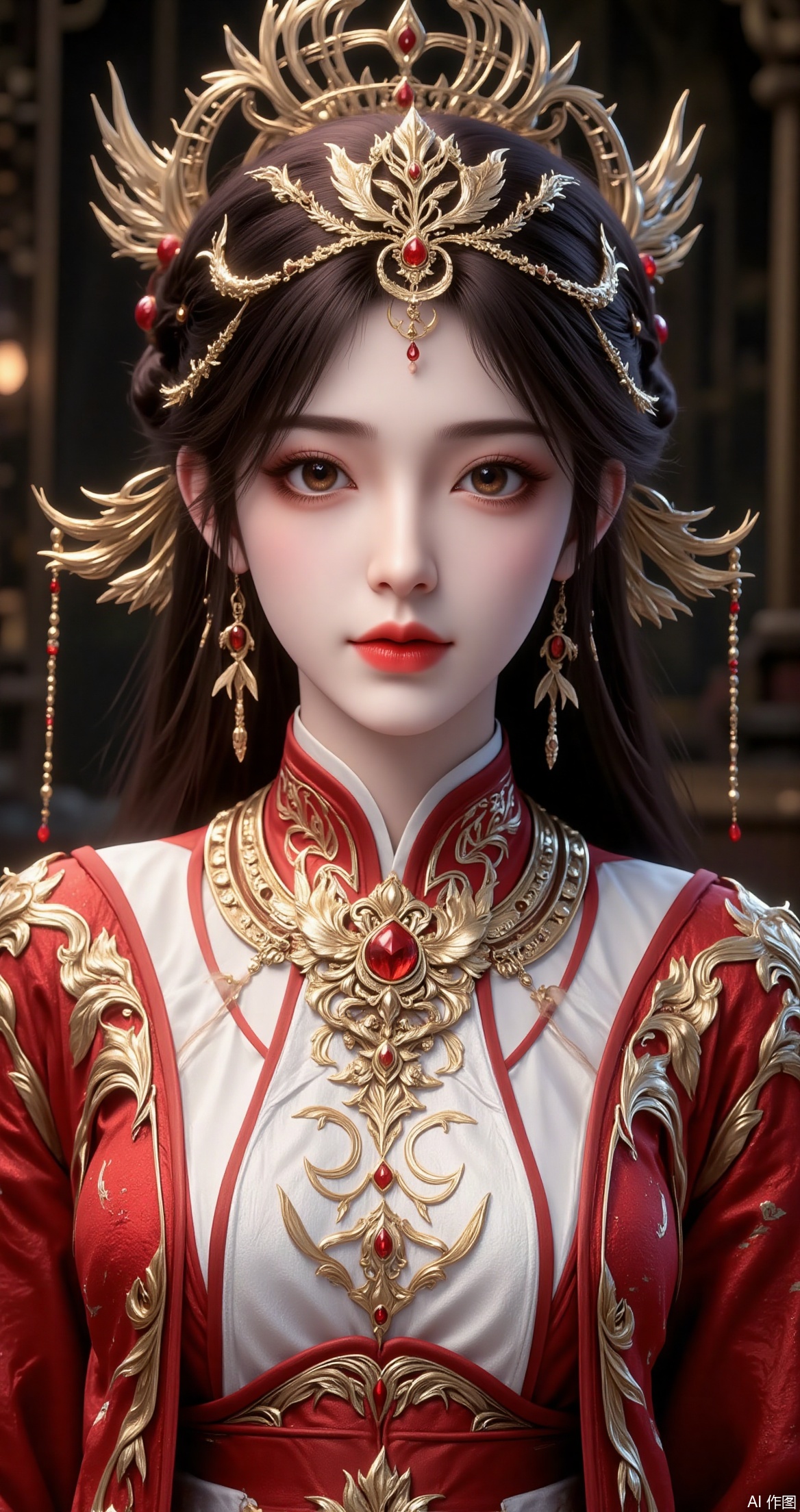 a highly detailed and ornate character wearing traditional East Asian attire
The character is adorned with intricate gold and red designs on their clothing, which includes a high collar and elaborate patterns
The character also wears a majestic headdress with gold and red elements, including what appears to be a central red gem and flowing, feather-like extensions
The overall aesthetic is regal and ceremonial, suggesting a character of high status or importance.