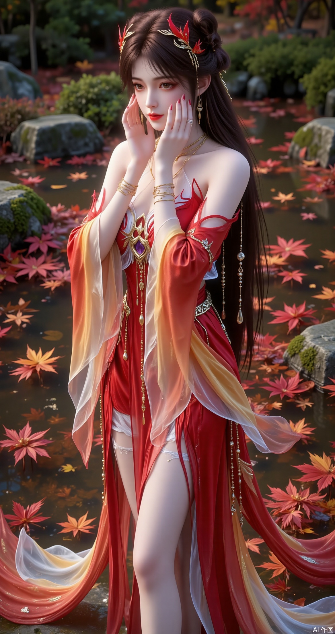 a beautifully rendered digital artwork of a female character standing in a serene, autumnal setting
She is dressed in an elaborate, red and white outfit adorned with intricate patterns and golden accents, giving her an ethereal and regal appearance
Her hair is styled in elegant waves, and she is wearing a headpiece that complements her overall look
The background features a tranquil pond with floating autumn leaves, adding to the peaceful and mystical atmosphere of the scene
The character's hands are gently placed near her face, and she appears to be in a contemplative or serene state
The image exudes a sense of calm and beauty, blending natural elements with fantasy artistry.