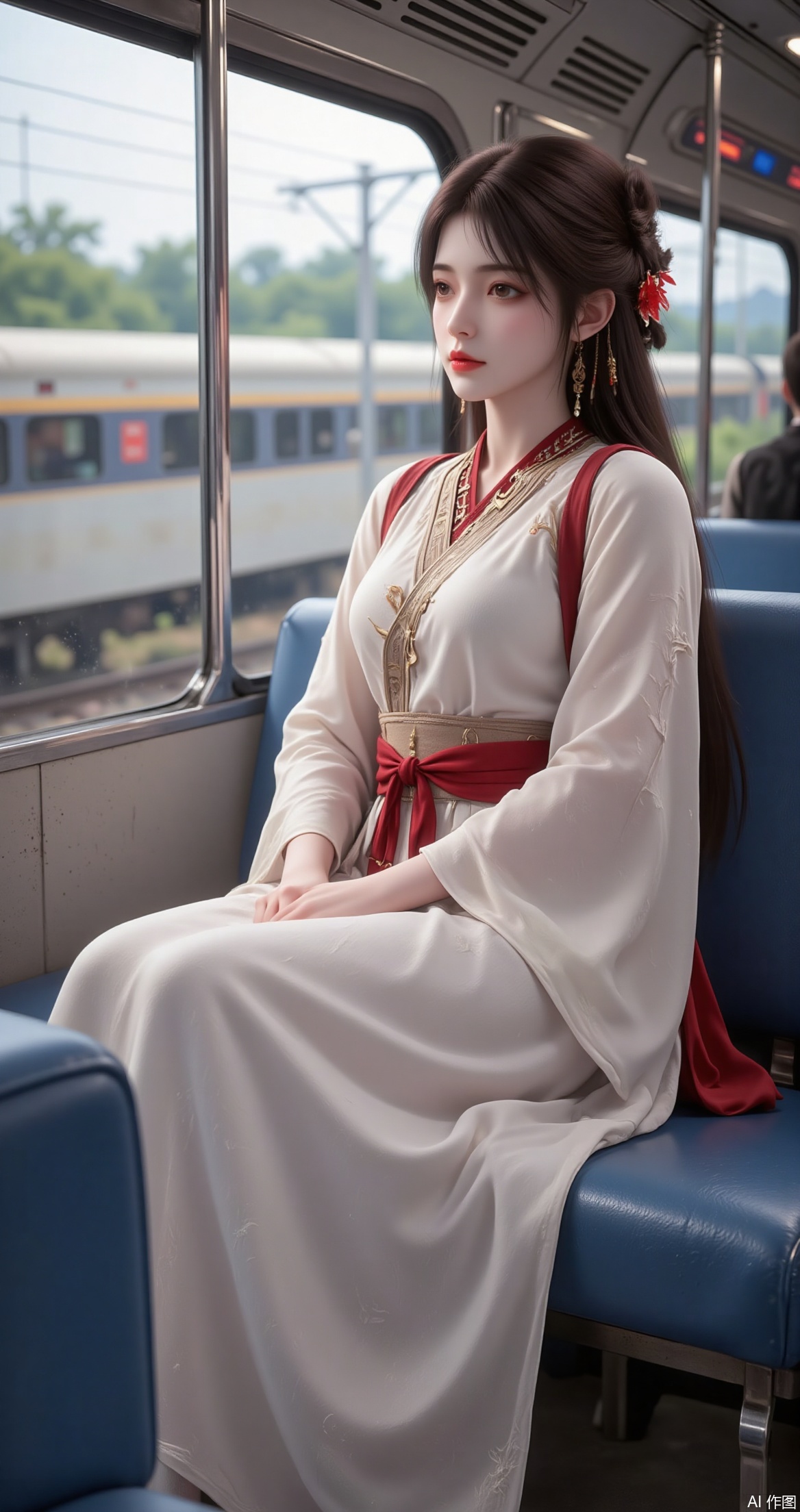 a person sitting on a train, dressed in traditional attire
The individual is wearing a white and red outfit with intricate designs, including a red belt and a decorative hairpiece
The train interior is visible, with blue seats and windows showing a blurred view of the outside, where a train is passing by
The person appears to be calm and composed, looking out the window
The overall scene suggests a serene and culturally rich moment.