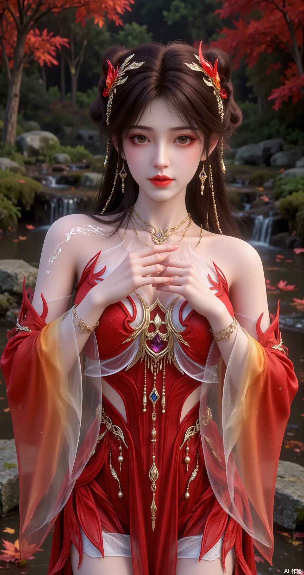 a digitally rendered character dressed in an elaborate, fantasy-style outfit
The character is wearing a red and gold dress with intricate designs, including a central gemstone and flowing, translucent sleeves
The character has long, dark hair adorned with red and gold accessories, including flowers and chains
The background features a serene, natural setting with autumnal trees and a small waterfall, enhancing the mystical and elegant atmosphere
The character's hands are clasped together in front of them, and the overall scene exudes a sense of tranquility and beauty.