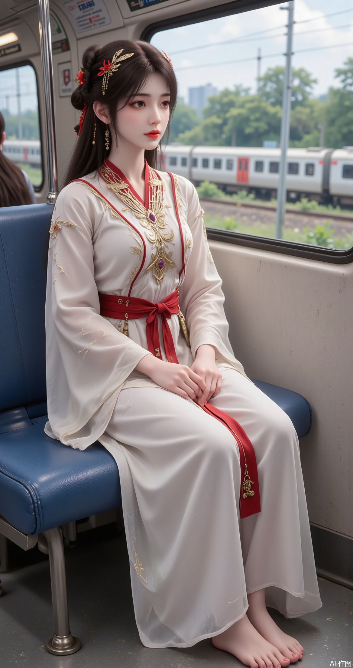 a person sitting on a train, dressed in traditional attire
The individual is wearing a white and red outfit with intricate designs, including a red belt and a decorative hairpiece
The train interior is visible, with blue seats and windows showing a blurred view of the outside, where a train is passing by
The person appears to be calm and composed, looking out the window
The overall scene suggests a serene and culturally rich moment.