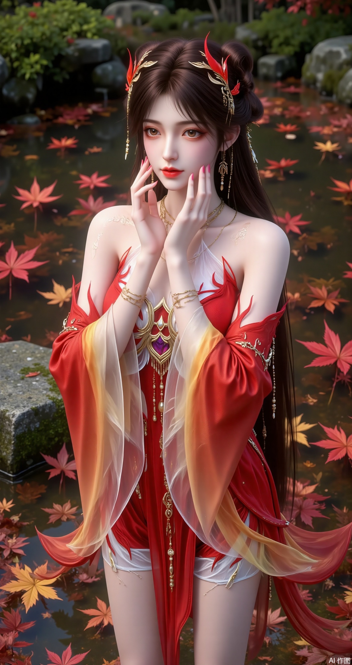 a beautifully rendered digital artwork of a female character standing in a serene, autumnal setting
She is dressed in an elaborate, red and white outfit adorned with intricate patterns and golden accents, giving her an ethereal and regal appearance
Her hair is styled in elegant waves, and she is wearing a headpiece that complements her overall look
The background features a tranquil pond with floating autumn leaves, adding to the peaceful and mystical atmosphere of the scene
The character's hands are gently placed near her face, and she appears to be in a contemplative or serene state
The image exudes a sense of calm and beauty, blending natural elements with fantasy artistry.