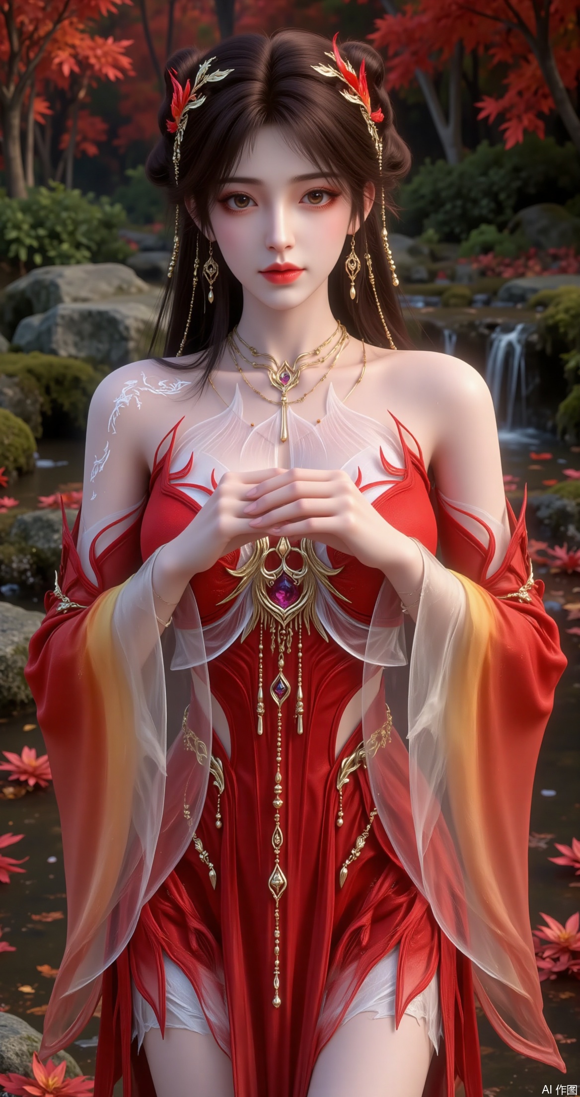 a digitally rendered character dressed in an elaborate, fantasy-style outfit
The character is wearing a red and gold dress with intricate designs, including a central gemstone and flowing, translucent sleeves
The character has long, dark hair adorned with red and gold accessories, including flowers and chains
The background features a serene, natural setting with autumnal trees and a small waterfall, enhancing the mystical and elegant atmosphere
The character's hands are clasped together in front of them, and the overall scene exudes a sense of tranquility and beauty.