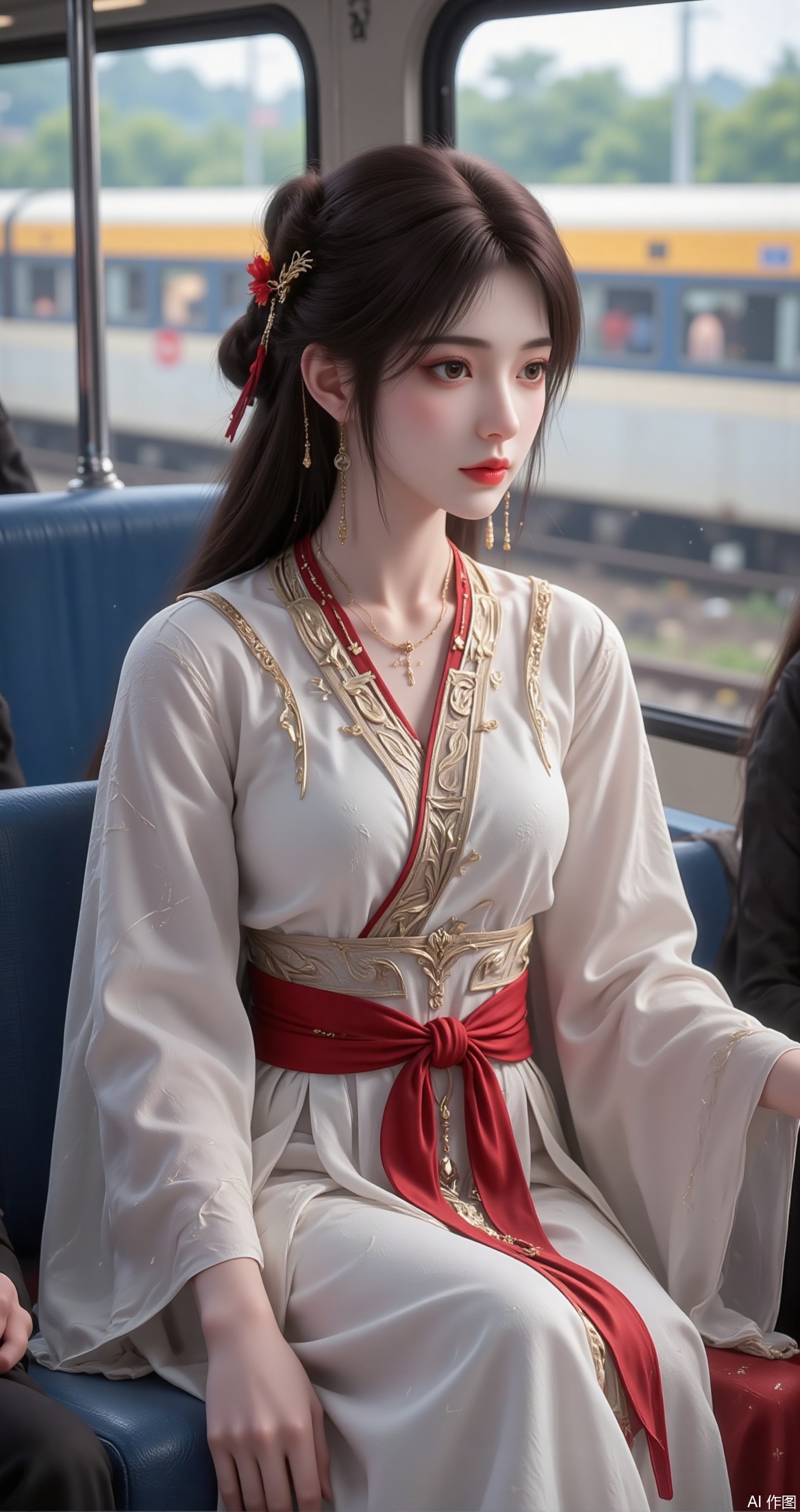 a person sitting on a train, dressed in traditional attire
The individual is wearing a white and red outfit with intricate designs, including a red belt and a decorative hairpiece
The train interior is visible, with blue seats and windows showing a blurred view of the outside, where a train is passing by
The person appears to be calm and composed, looking out the window
The overall scene suggests a serene and culturally rich moment.