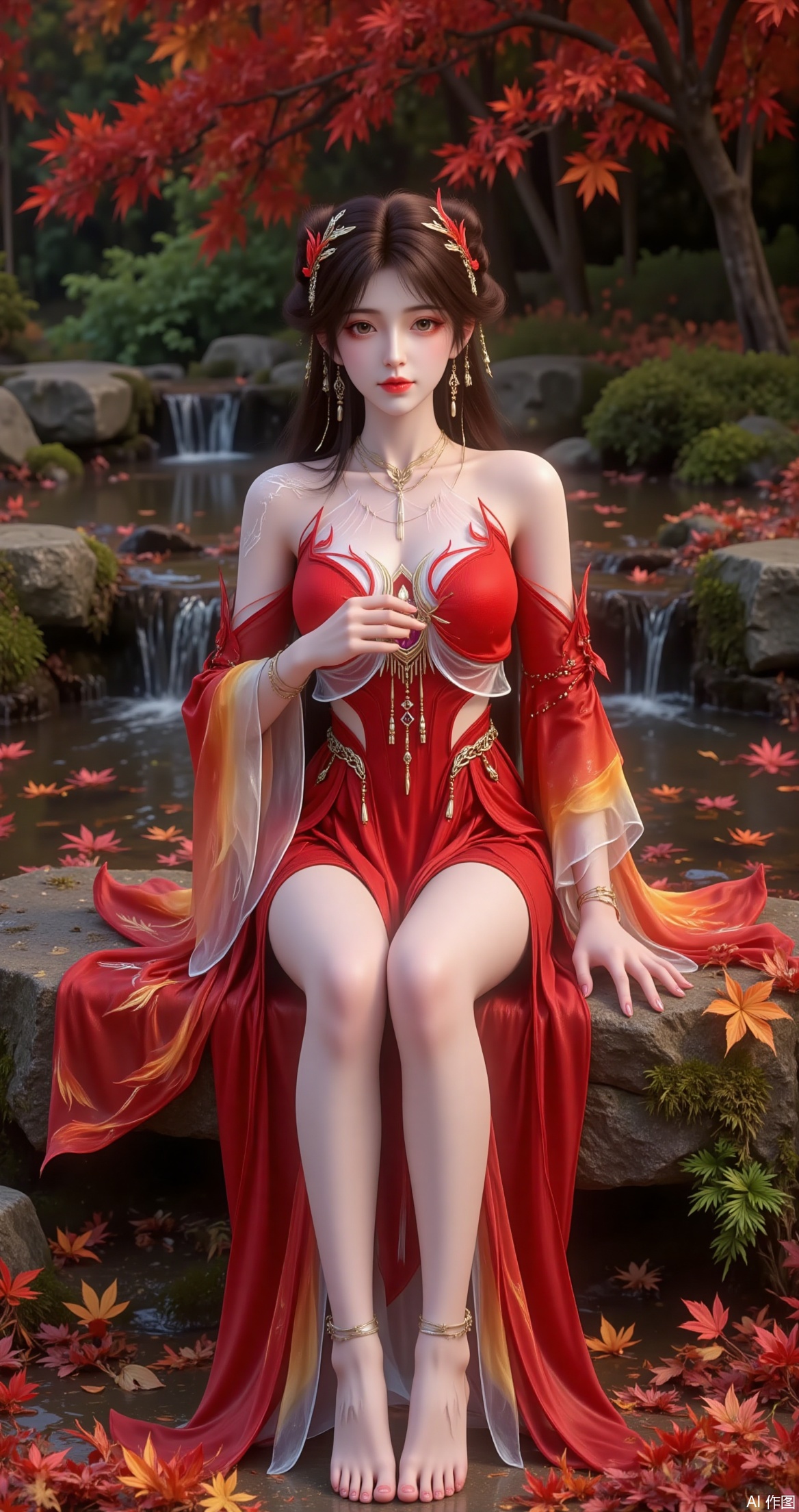 a beautifully rendered anime-style character sitting by a serene stream surrounded by autumn foliage
The character is dressed in an elegant red outfit with intricate designs and a flowing skirt that resembles flames
She is adorned with a necklace and bracelets, and her hair is styled with two small, red horns
The setting is lush and vibrant, with red and orange leaves scattered around, and a small waterfall in the background
The overall atmosphere is tranquil and mystical, evoking a sense of fantasy and nature.
