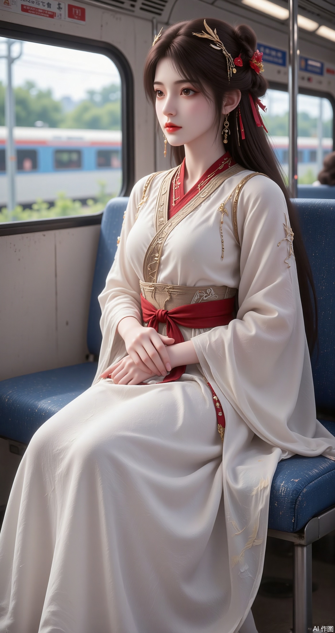 a person sitting on a train, dressed in traditional attire
The individual is wearing a white and red outfit with intricate designs, including a red belt and a decorative hairpiece
The train interior is visible, with blue seats and windows showing a blurred view of the outside, where a train is passing by
The person appears to be calm and composed, looking out the window
The overall scene suggests a serene and culturally rich moment.