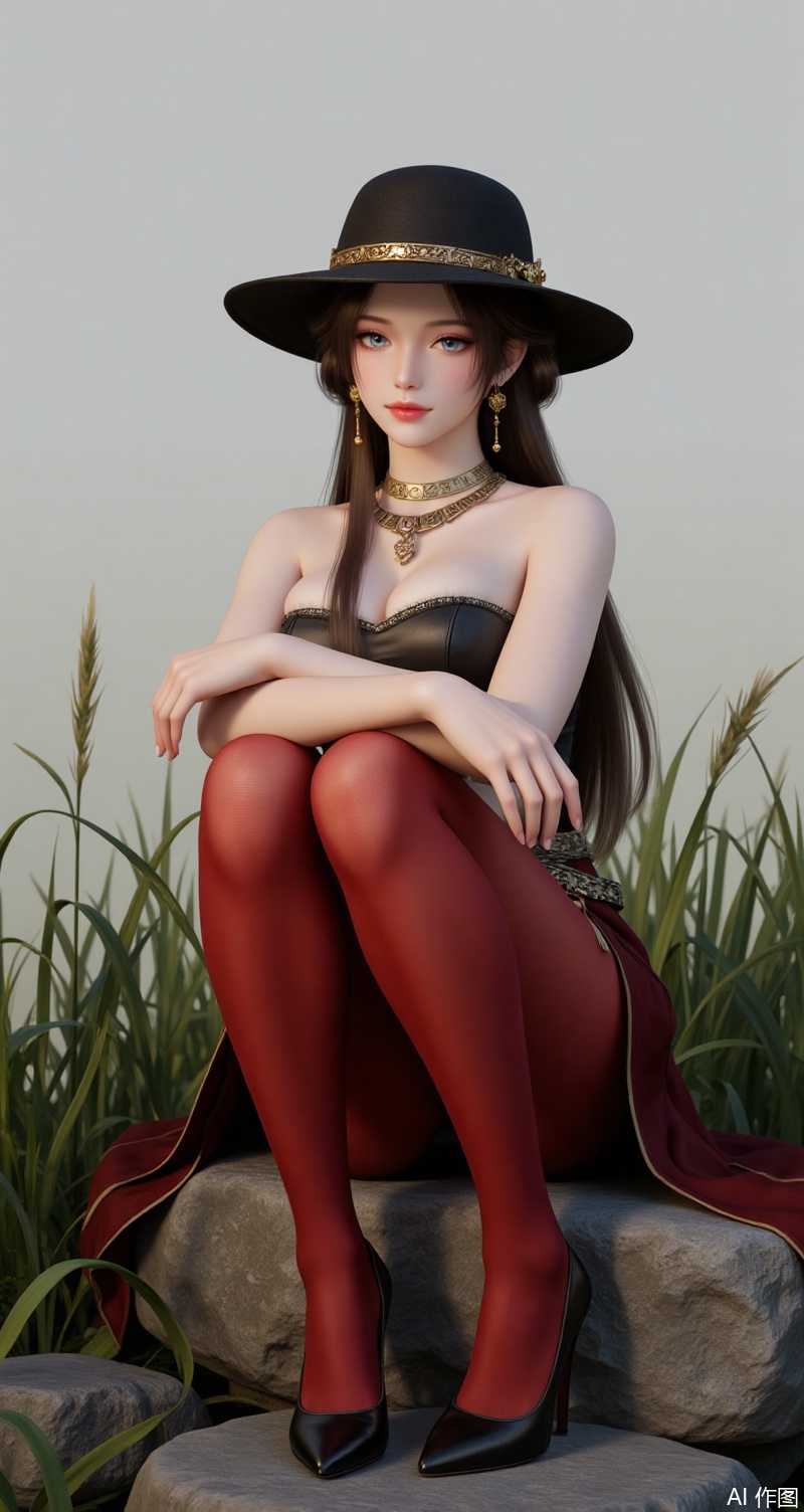 meining,baoshi,lvjing,1girl,brown hair,jewelry,hair ornament,earrings,necklace,closed mouth,long hair,grey eyes,1girl,solo,pantyhose,high heels,red pantyhose,hat,skirt,jewelry,looking at viewer,black headwear,grass,sitting,stone,bare shoulders,shoes,outdoors,strapless,breasts,4,cover,simple background,gradient background,close-up details,outstanding style,adding a touch of dimension to your images without compromising details,close-up,long legs