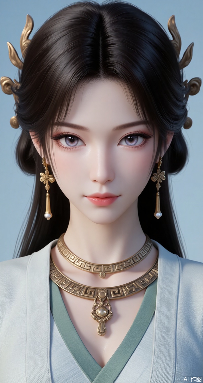 meining,1girl,solo,jewelry,earrings,looking at viewer,upper body,necklace,hair ornament,long hair,brown hair,closed mouth,black hair,realistic,hanfu,dress,chinese clothes,light_blue_background,5, cover,simple background,gradient background,close-up details,outstanding style,adding a touch of dimension to your images without compromising details,close-up,,lvjing,,baoshi,
