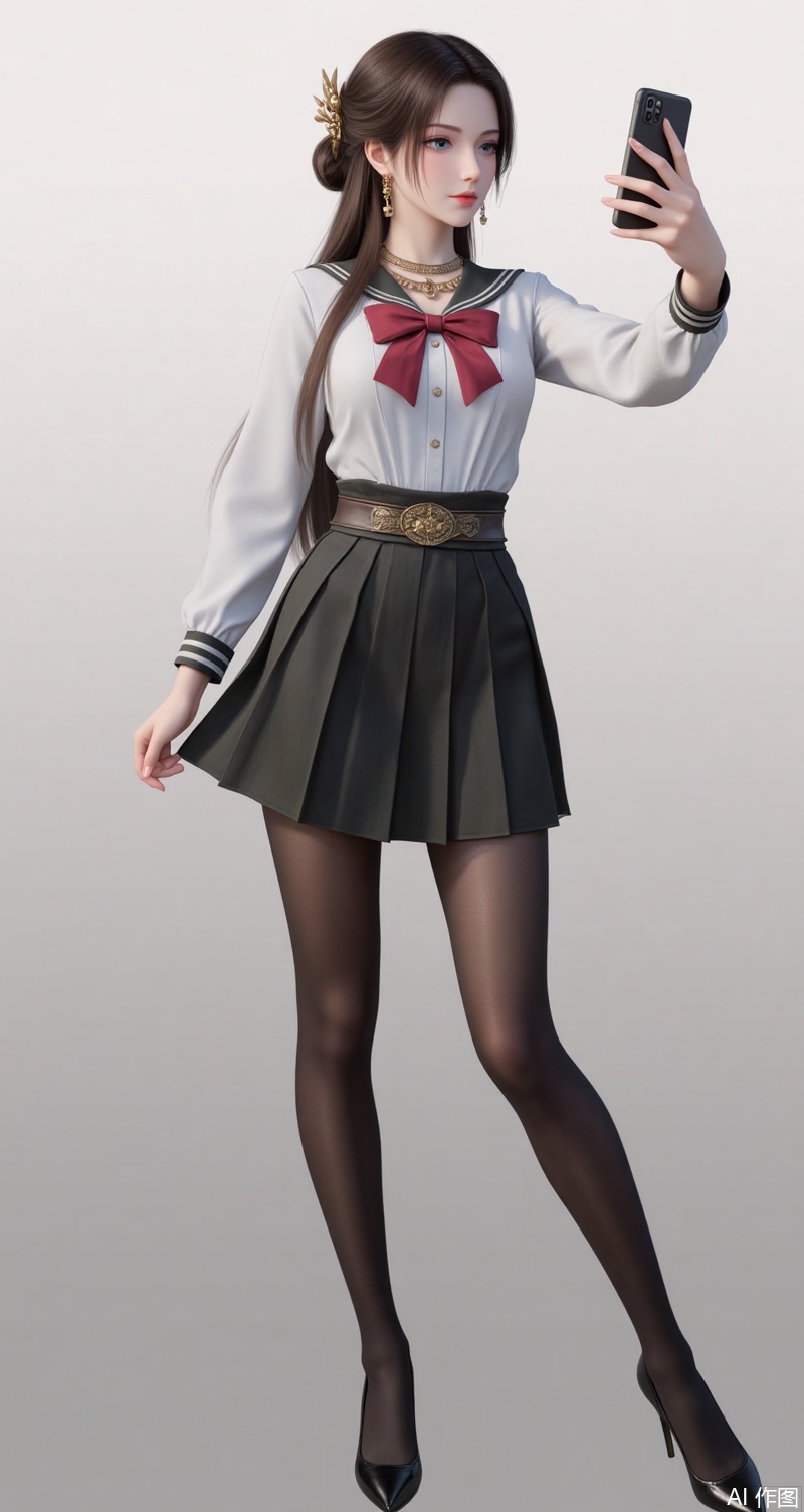 meining,baoshi,lvjing,1girl,brown hair,jewelry,hair ornament,earrings,necklace,closed mouth,long hair,grey eyes,1 girl, pantyhose, solo, school uniform, skirt, phone, selfie, cellphone, serafuku, smartphone, holding phone, black pantyhose, high heels, full body, holding, bow, crossed legs, standing, 3/4 view, cover, simple background, gradient background, close-up details, outstanding style, adding a touch of dimension to your images without compromising details, close-up