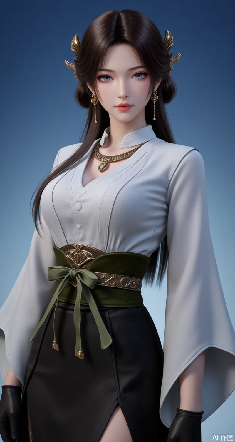 meining,baoshi,lvjing,1girl,brown hair,jewelry,hair ornament,earrings,necklace,closed mouth,long hair,grey eyes,1girl,solo,earrings,gloves,jewelry,breasts,skirt,shirt,large breasts,looking at viewer,white shirt,belt,pencil skirt,black gloves,simple background,alternate costume,black skirt,green ribbon,long sleeves,lips,blue background,ribbon,collared shirt,side slit,cover,simple background,gradient background,close-up details,outstanding style,adding a touch of dimension to your images without compromising details,close-up,
