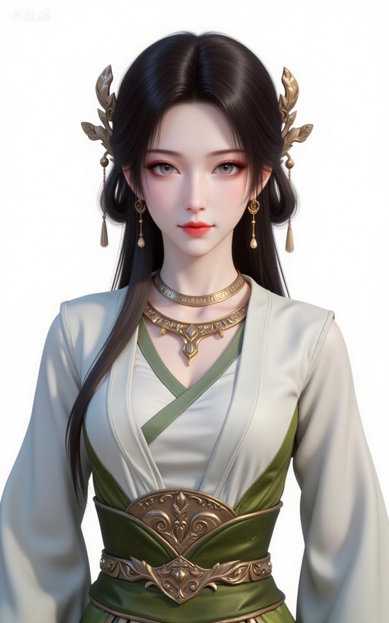 meining,1girl,solo,jewelry,earrings,looking at viewer,upper body,necklace,hair ornament,long hair,brown hair,closed mouth,black hair,realistic,hanfu,dress,chinese clothes,white_background,simple_background,pifu,guanghuapifu