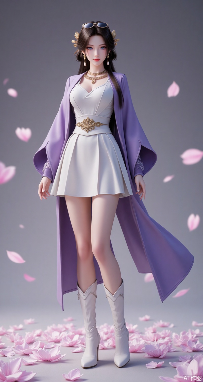 meining,baoshi,lvjing,1girl,brown hair,jewelry,hair ornament,earrings,necklace,closed mouth,long hair,grey eyes,1girl,eyewear on head,solo,sunglasses,high heels,dress,smile,full body,petals,coat,breasts,boots,short dress,purple coat,looking at viewer,high heel boots,long sleeves,white dress,standing,12,cover,simple background,gradient background,close-up details,outstanding style,adding a touch of dimension to your images without compromising details,close-up,