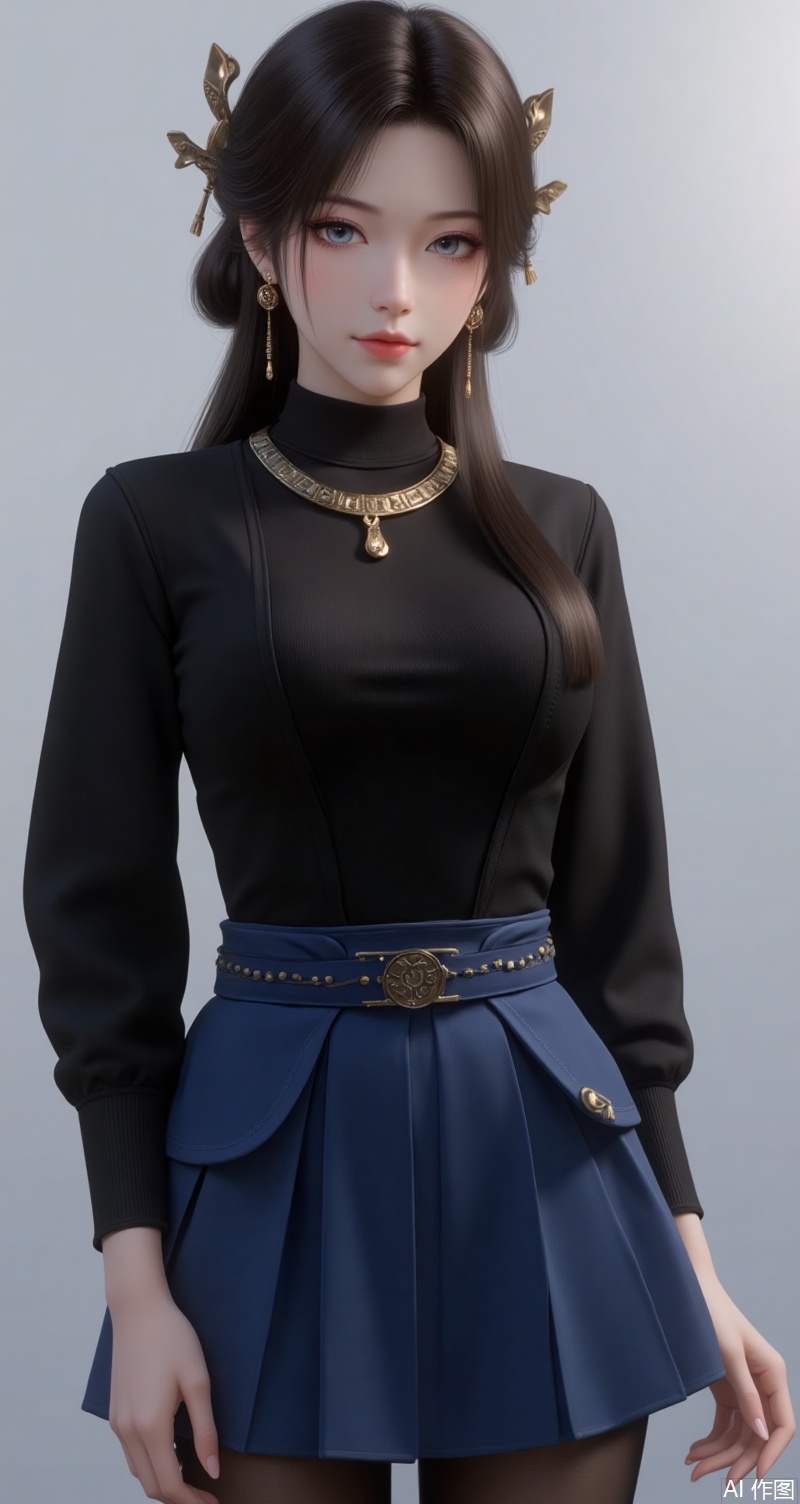 meining,baoshi,lvjing,1girl,brown hair,jewelry,hair ornament,earrings,necklace,closed mouth,long hair,grey eyes,1girl,pantyhose,breasts,skirt,solo,ass,large breasts,black pantyhose,looking at viewer,blue skirt,black sweater,long sleeves,underwear,sweater,turtleneck,pleated skirt,black shirt,gradient background,cover,simple background,gradient background,close-up details,outstanding style,adding a touch of dimension to your images without compromising details,close-up
