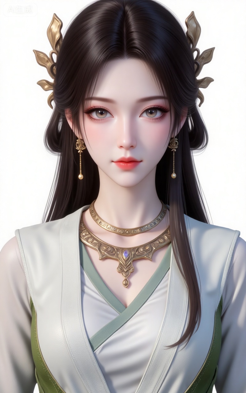 meining,1girl,solo,jewelry,earrings,looking at viewer,upper body,necklace,hair ornament,long hair,brown hair,closed mouth,black hair,realistic,hanfu,dress,chinese clothes,white_background,simple_background,pifu,guanghuapifu