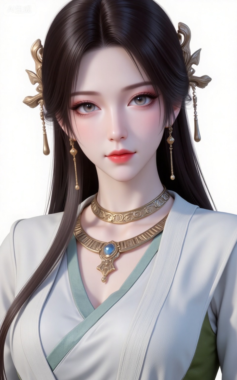 meining,1girl,solo,jewelry,earrings,looking at viewer,upper body,necklace,hair ornament,long hair,brown hair,closed mouth,black hair,realistic,hanfu,dress,chinese clothes,white_background,simple_background,pifu,guanghuapifu