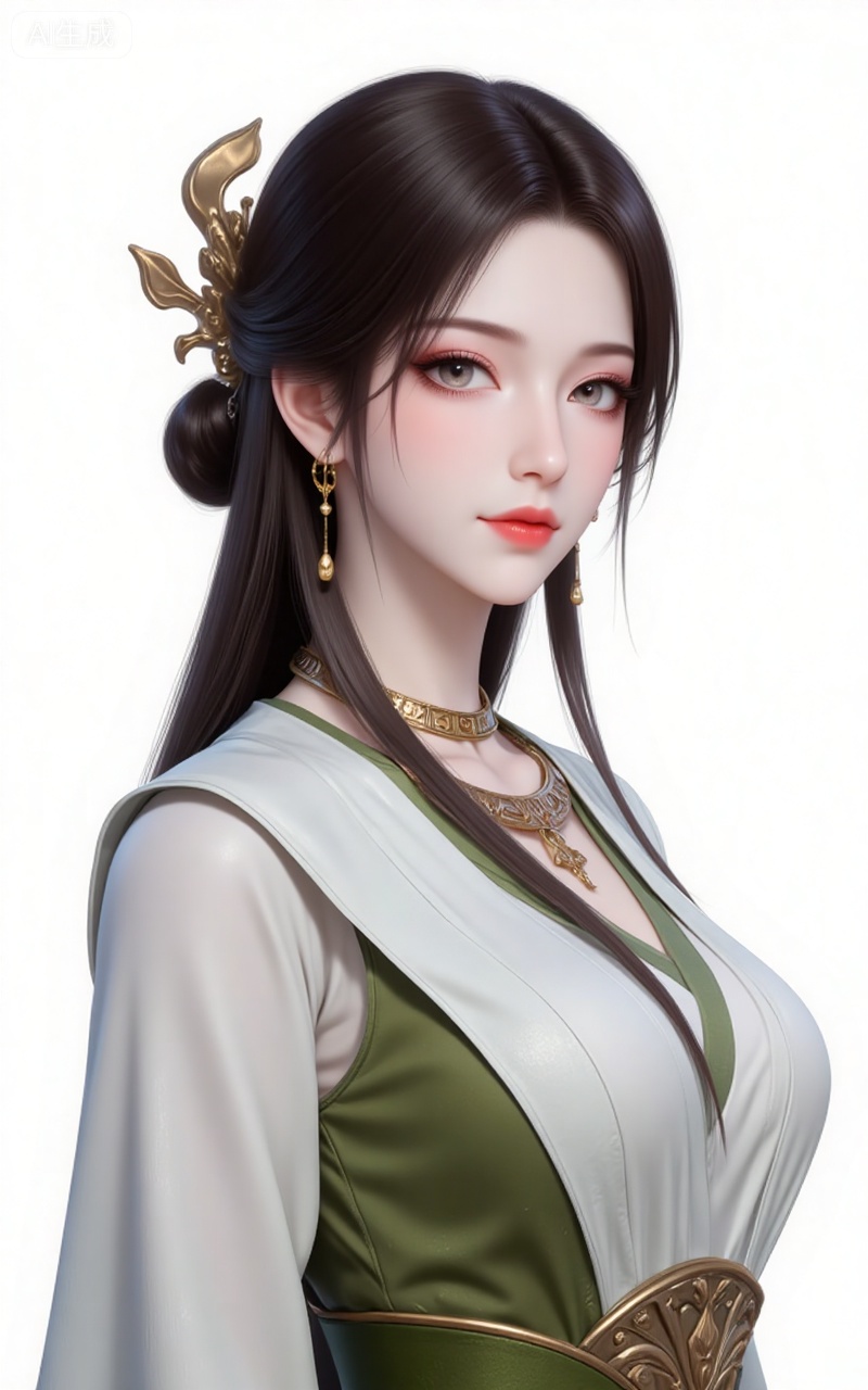 meining,1girl,solo,jewelry,earrings,looking at viewer,upper body,necklace,hair ornament,long hair,brown hair,closed mouth,black hair,realistic,hanfu,dress,chinese clothes,white_background,simple_background,pifu,guanghuapifu