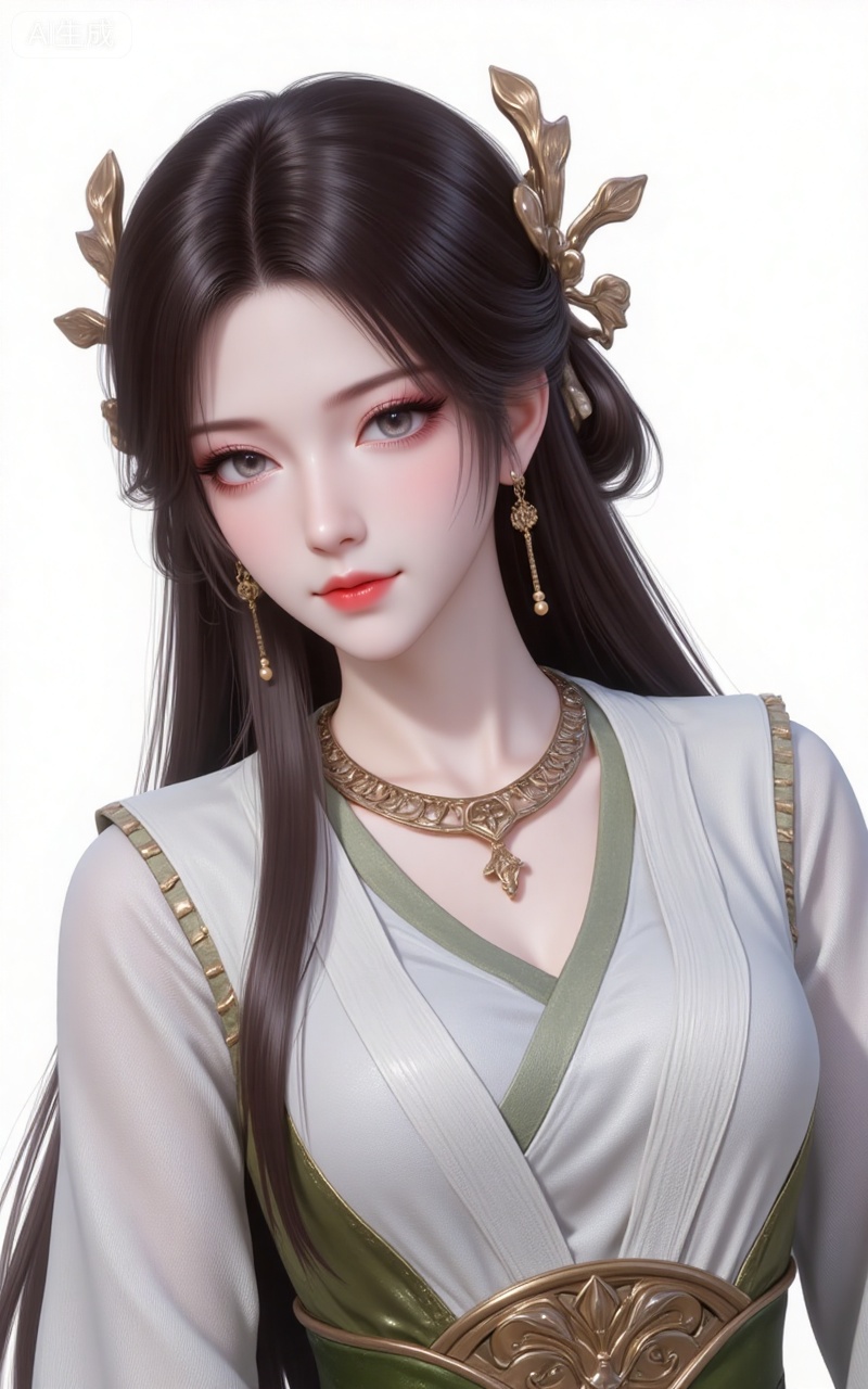 meining,1girl,solo,jewelry,earrings,looking at viewer,upper body,necklace,hair ornament,long hair,brown hair,closed mouth,black hair,realistic,hanfu,dress,chinese clothes,white_background,simple_background,pifu,guanghuapifu