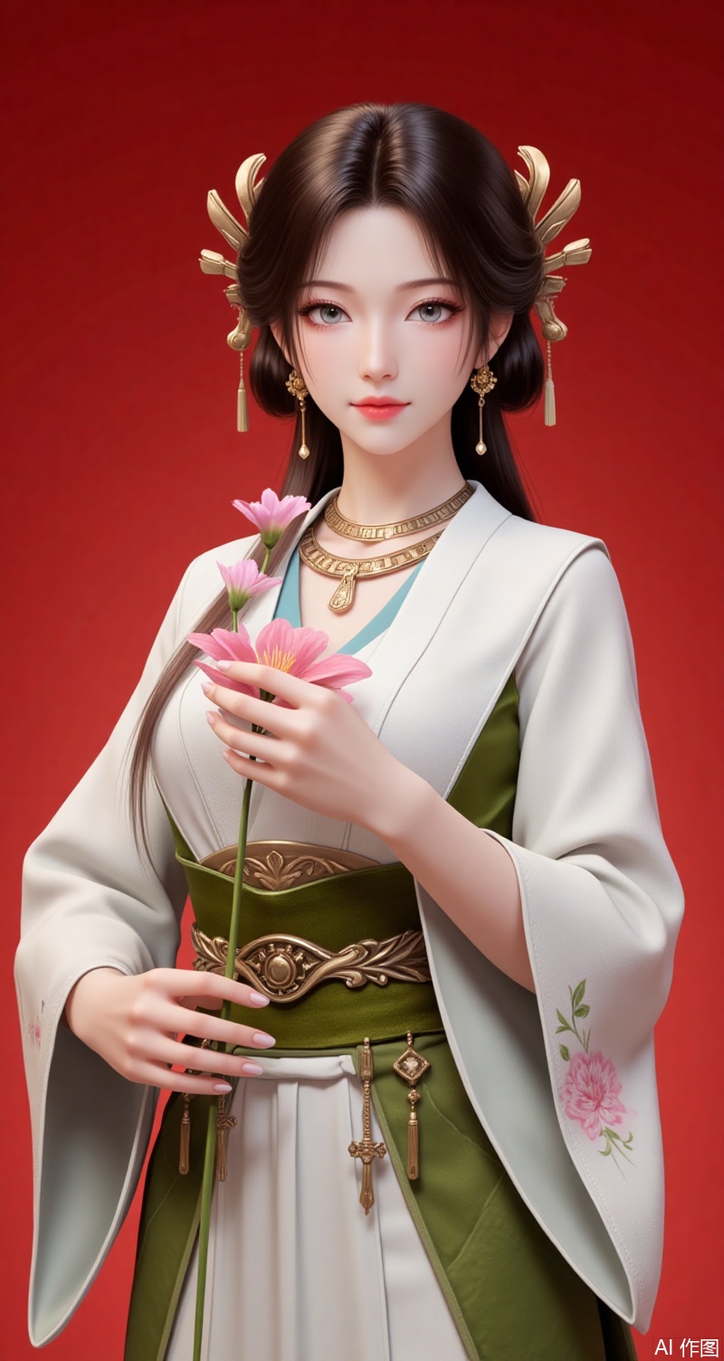 meining,baoshi,lvjing,1girl,brown hair,jewelry,hair ornament,earrings,necklace,closed mouth,long hair,grey eyes,1girl,japanese clothes,red background,solo,kimono,sash,hair ornament,obi,white kimono,floral print,flower,realistic,holding,looking at viewer,lips,simple background,hair flower,long sleeves,standing,wide sleeves,holding flower,2,cover,simple background,gradient background,close-up details,outstanding style,adding a touch of dimension to your images without compromising details,close-up,