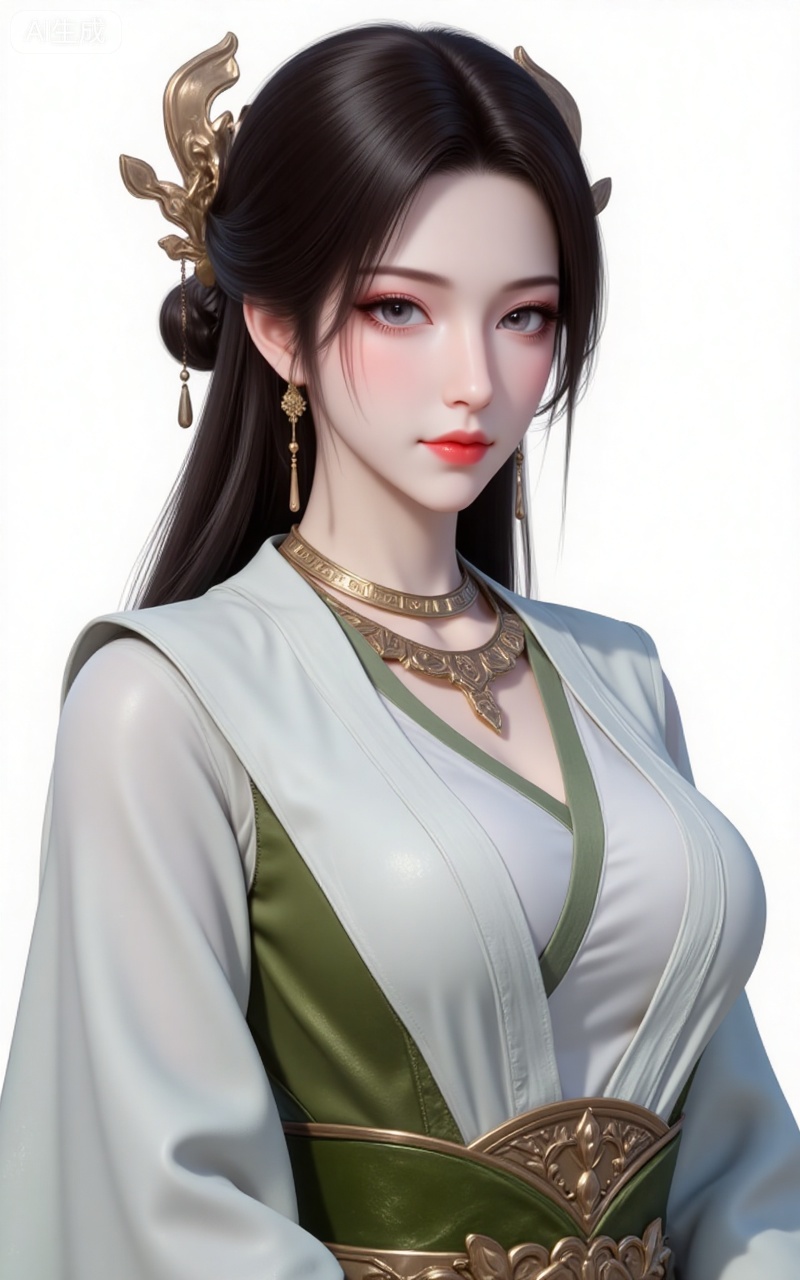 meining,1girl,solo,jewelry,earrings,looking at viewer,upper body,necklace,hair ornament,long hair,brown hair,closed mouth,black hair,realistic,hanfu,dress,chinese clothes,white_background,simple_background,pifu,guanghuapifu