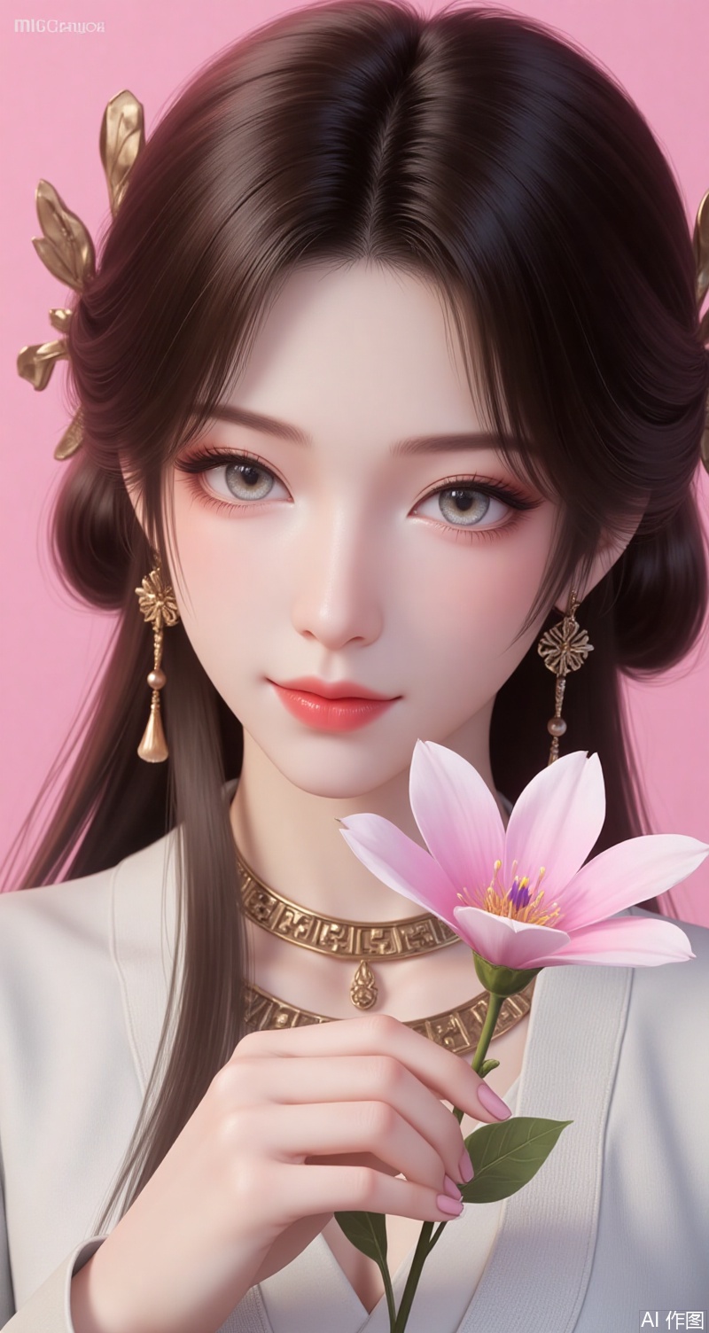 meining,baoshi,lvjing,1girl,brown hair,jewelry,hair ornament,earrings,necklace,closed mouth,long hair,grey eyes,1girl,solo,flower,pink background,holding,holding flower,turtleneck,looking at viewer,portrait,realistic,simple background,pink flower,lips,red lips,white flower,58,cover,simple background,gradient background,close-up details,outstanding style,adding a touch of dimension to your images without compromising details,close-up,