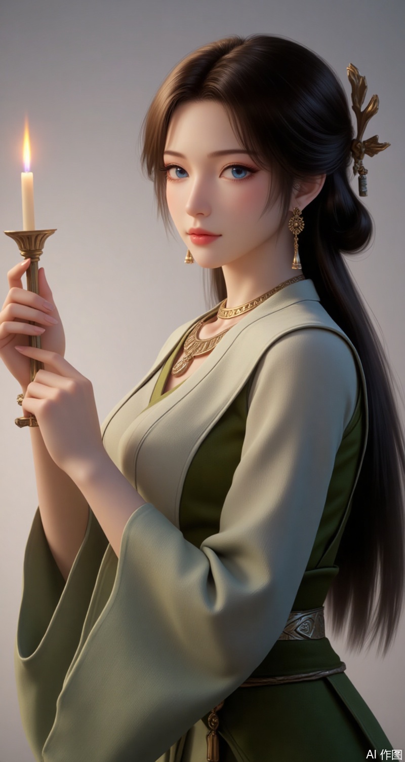meining,baoshi,lvjing,1girl,jewelry,solo,candle,earrings,necklace,hair ornament,brown hair,realistic,dress,long sleeves,sash,looking at viewer,closed mouth,candlelight,long hair,blue eyes,green dress,6,cover,simple background,gradient background,close-up details,outstanding style,adding a touch of dimension to your images without compromising details,close-up
