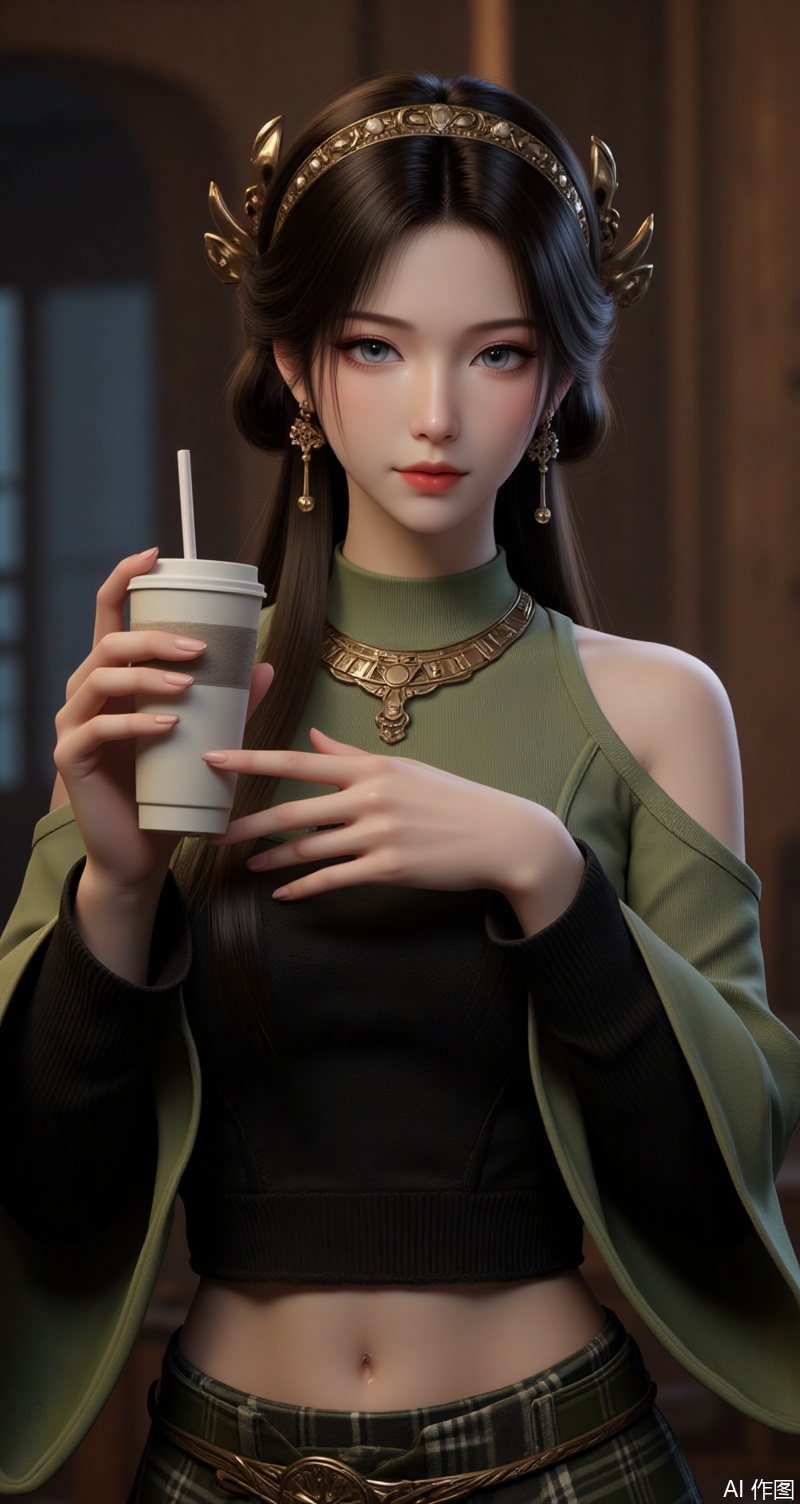 meining,baoshi,lvjing,1girl,brown hair,jewelry,hair ornament,earrings,necklace,closed mouth,long hair,grey eyes,1girl,solo,jewelry,navel,looking at viewer,sweater,holding,cup,necklace,holding cup,earrings,midriff,disposable cup,bare shoulders,hairband,off shoulder,crop top,skirt,plaid,green sweater：black sweater,plaid skirt,long sleeves,closed mouth,indoors,blurry background,breasts,shirt,blurry,turtleneck,cover,simple background,gradient background,close-up details,outstanding style,adding a touch of dimension to your images without compromising details,close-up
